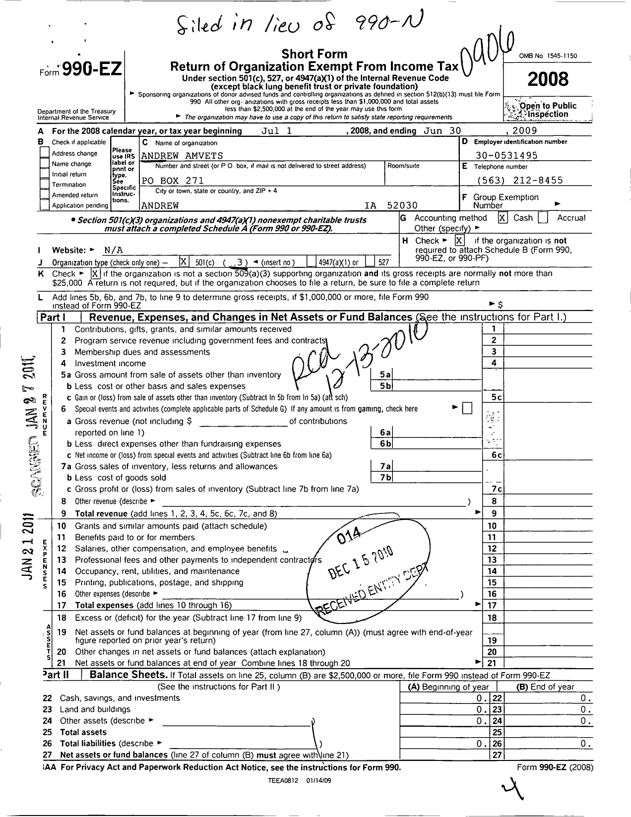 Image of first page of 2008 Form 990EZ for Amvets - 0062-ia