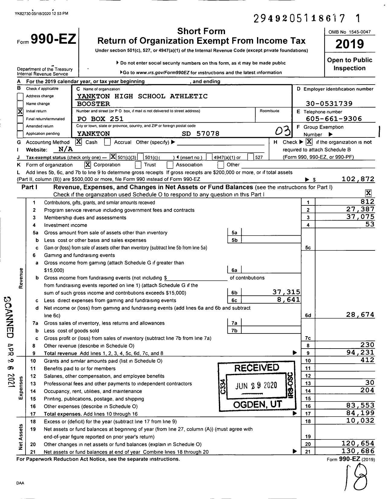 Image of first page of 2019 Form 990EZ for Yankton High School Athletic Booster