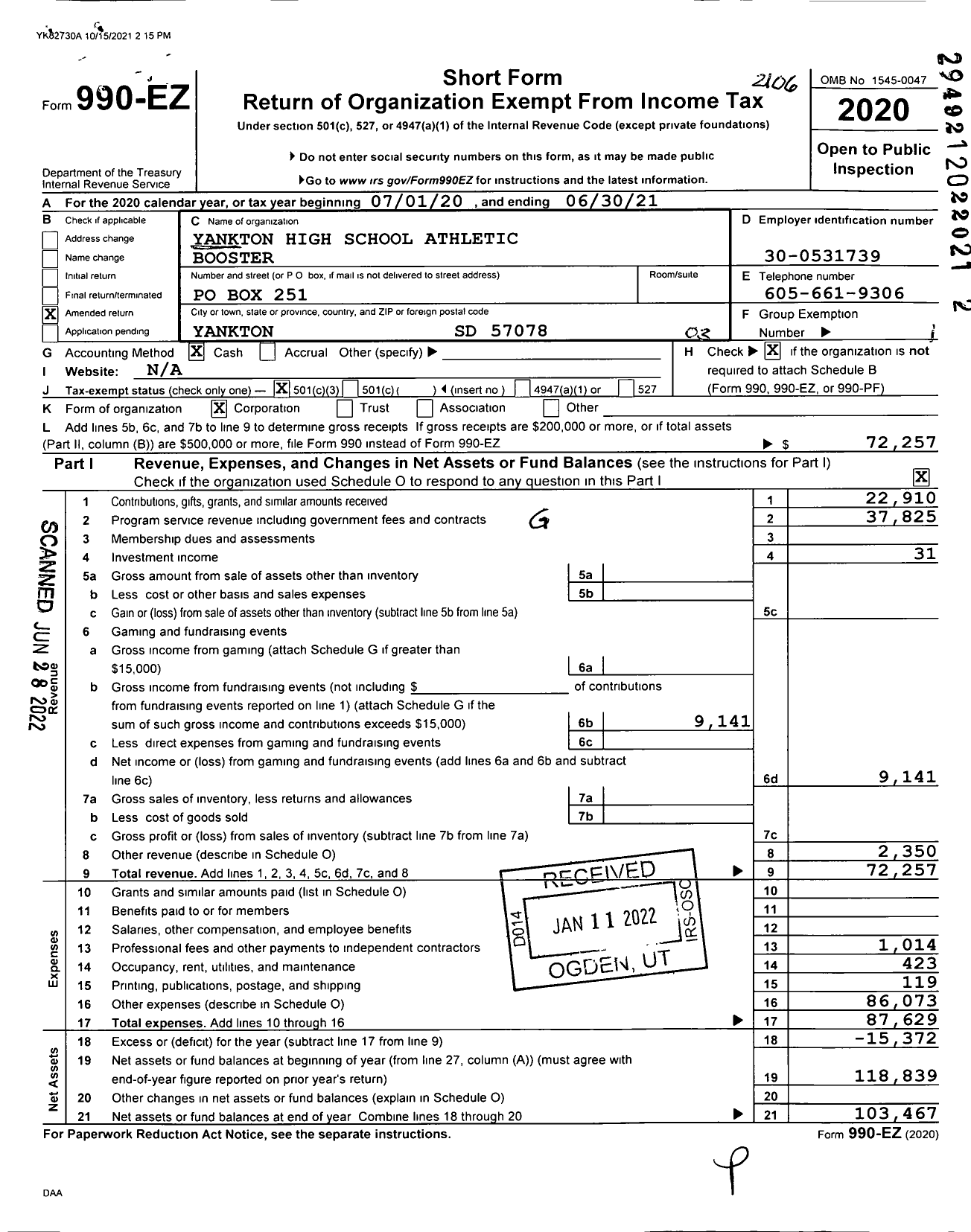 Image of first page of 2020 Form 990EZ for Yankton High School Athletic Booster