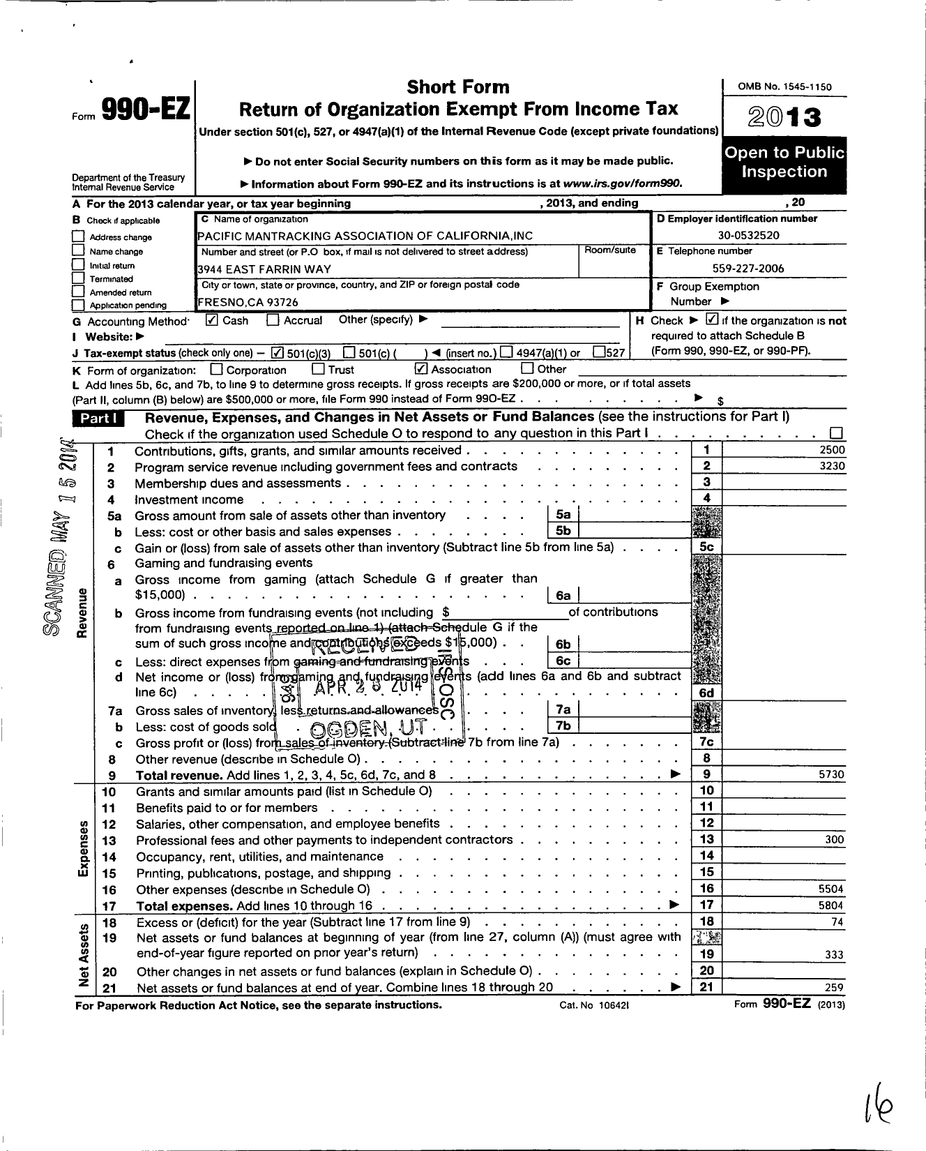 Image of first page of 2013 Form 990EZ for Pacific Man Tracking Association of California