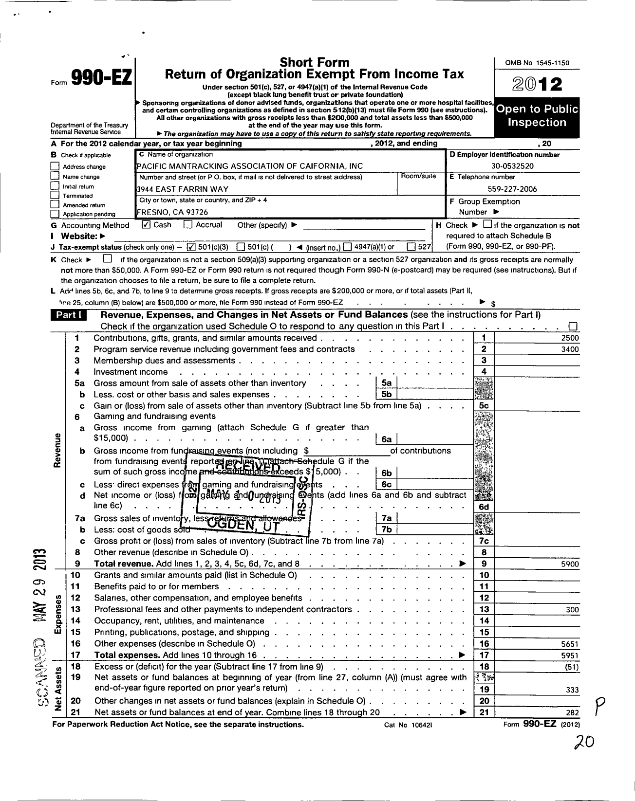 Image of first page of 2012 Form 990EZ for Pacific Man Tracking Association of California