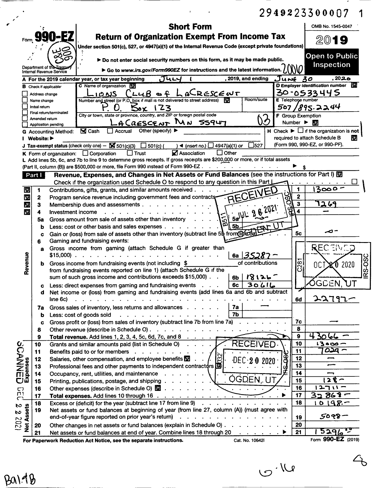 Image of first page of 2019 Form 990EZ for Lions Club of Lacrescent Crescent
