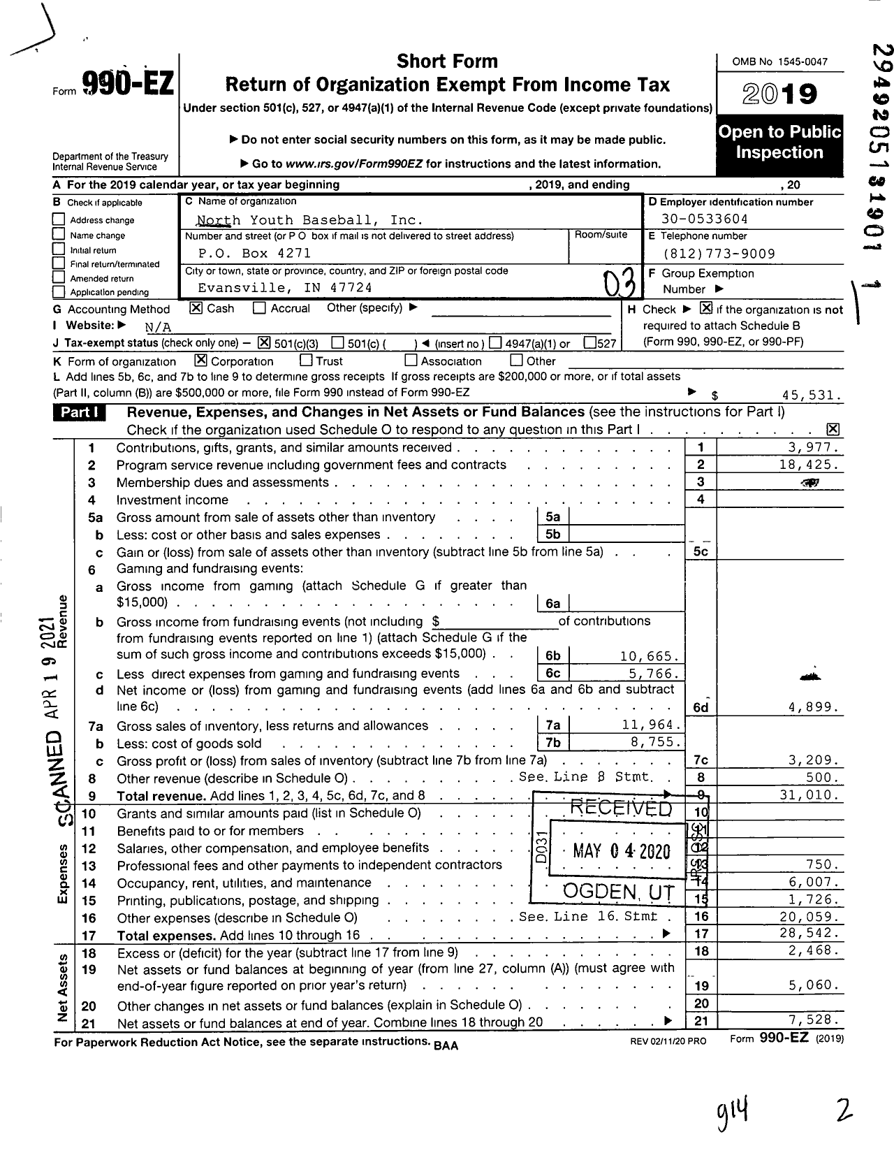 Image of first page of 2019 Form 990EZ for North Youth Baseball