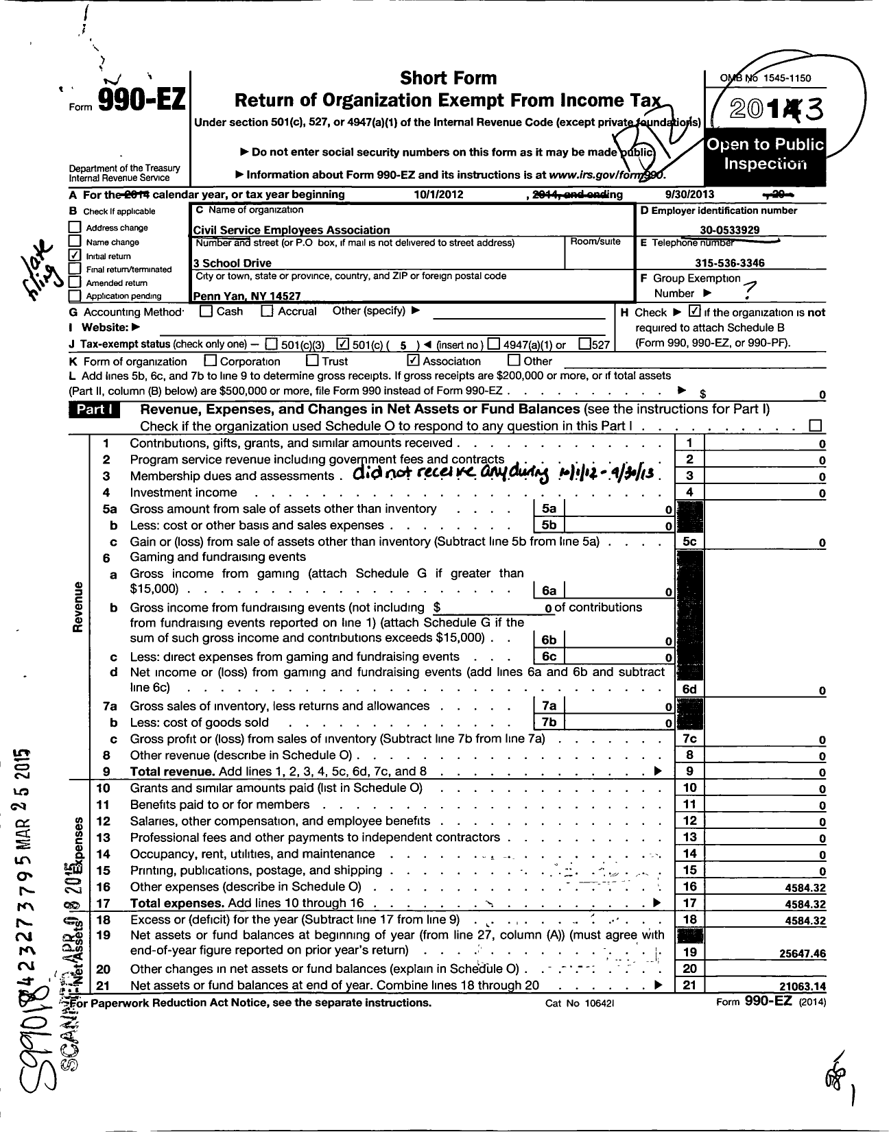 Image of first page of 2013 Form 990EO for Civil Service Employees Association - 0862-930100 Penn Yan CSD