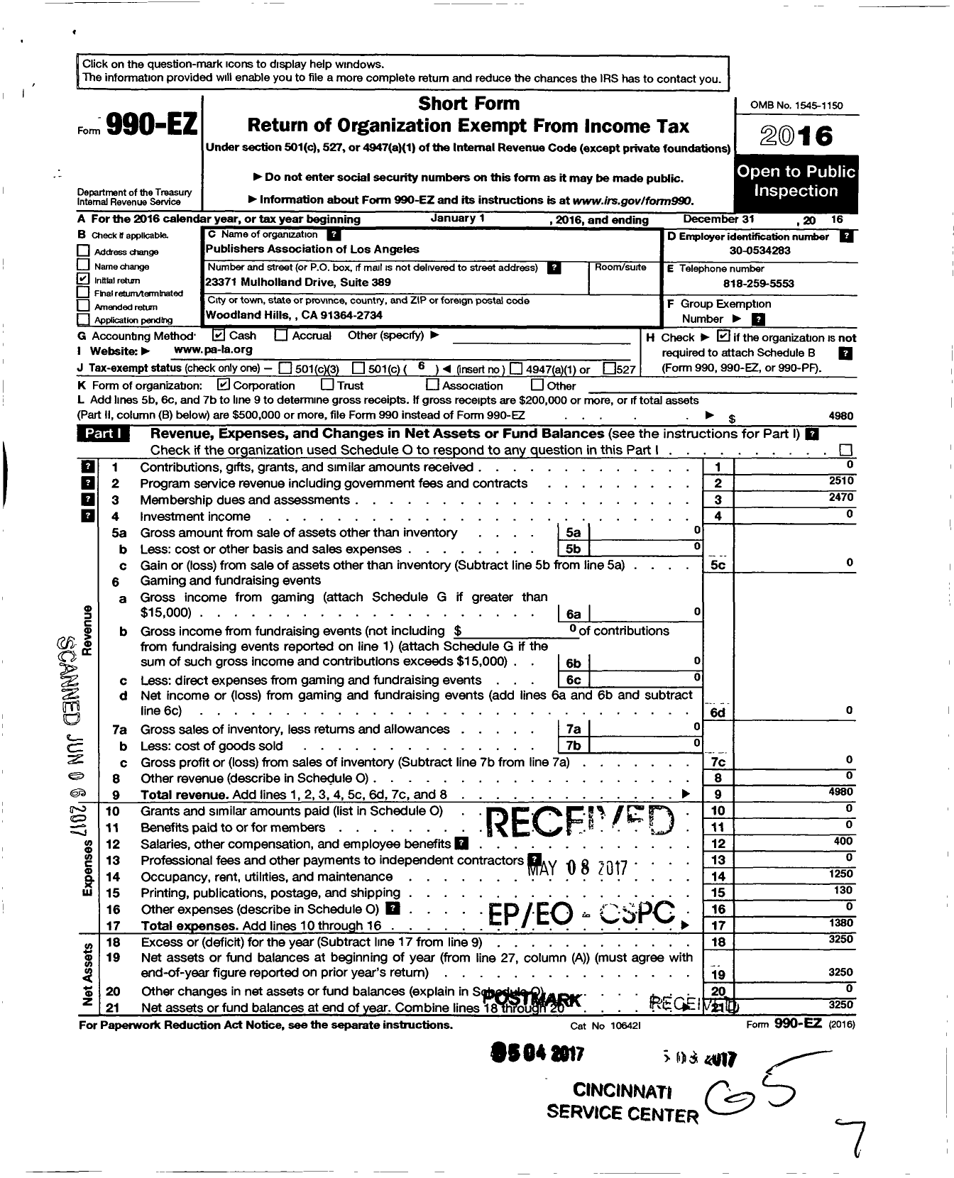 Image of first page of 2016 Form 990EO for Publishers Association of Los Angeles (PALA)