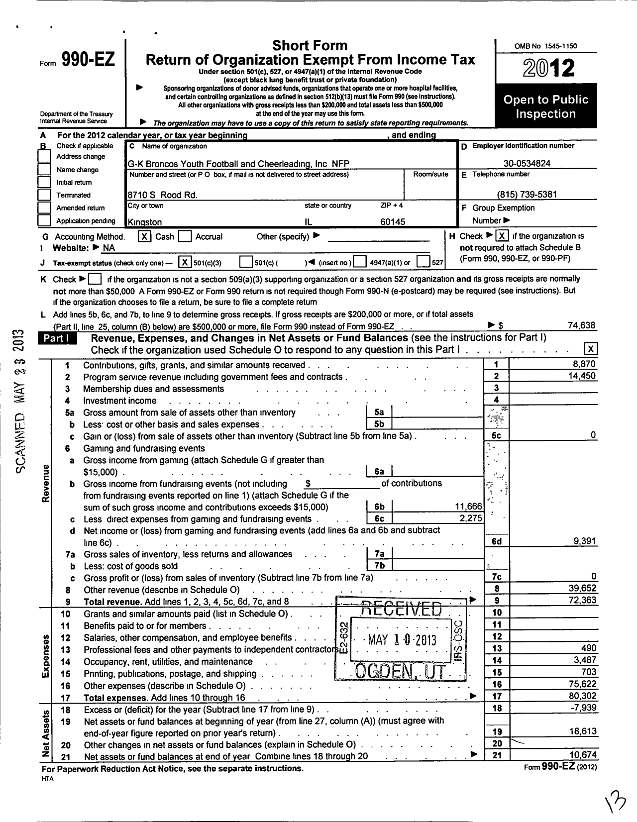 Image of first page of 2012 Form 990EZ for GK Broncos Youth Football and Cheerleading Inc NFP