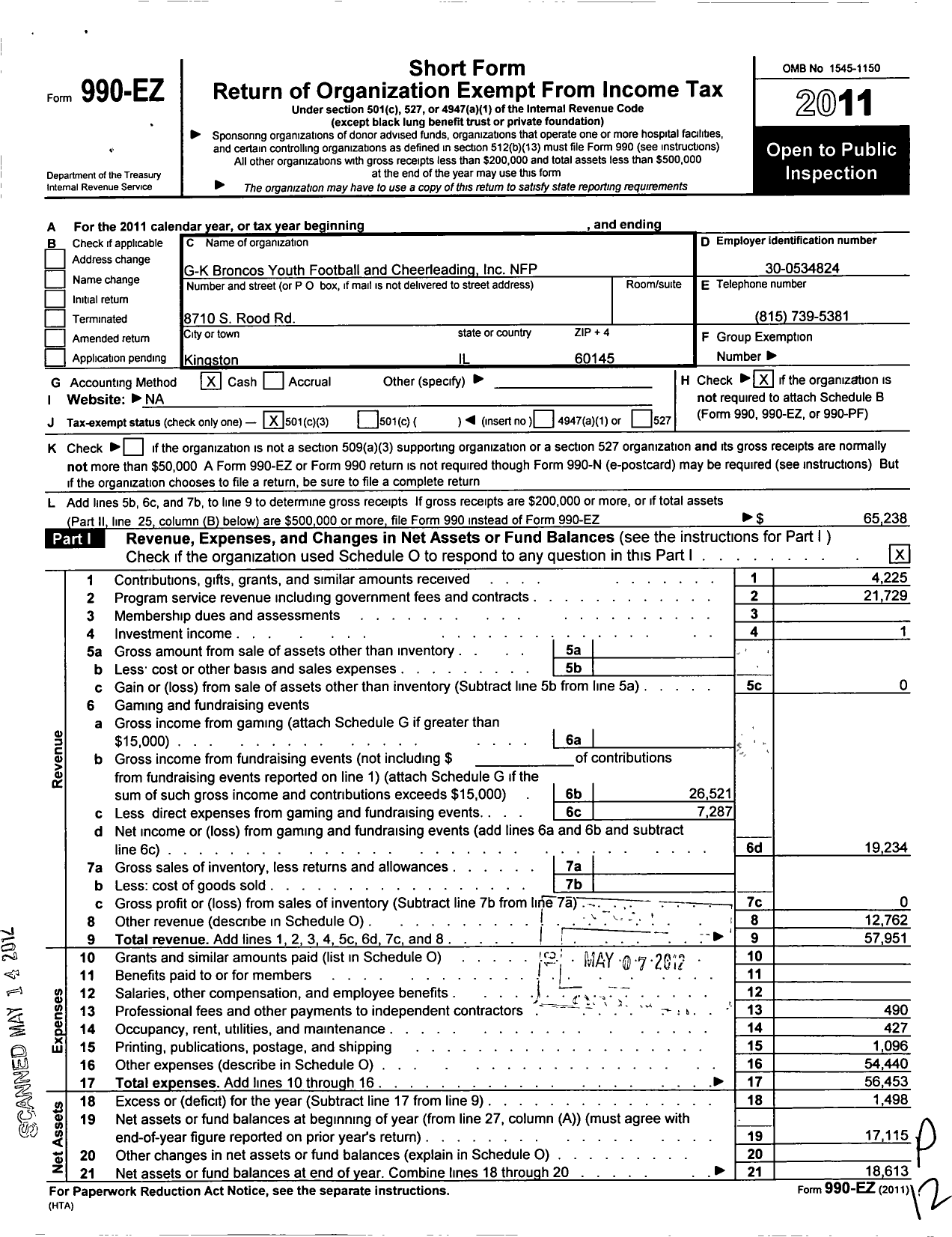 Image of first page of 2011 Form 990EZ for GK Broncos Youth Football and Cheerleading Inc NFP