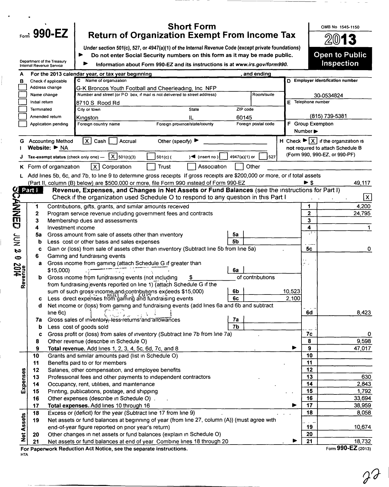 Image of first page of 2013 Form 990EZ for GK Broncos Youth Football and Cheerleading Inc NFP