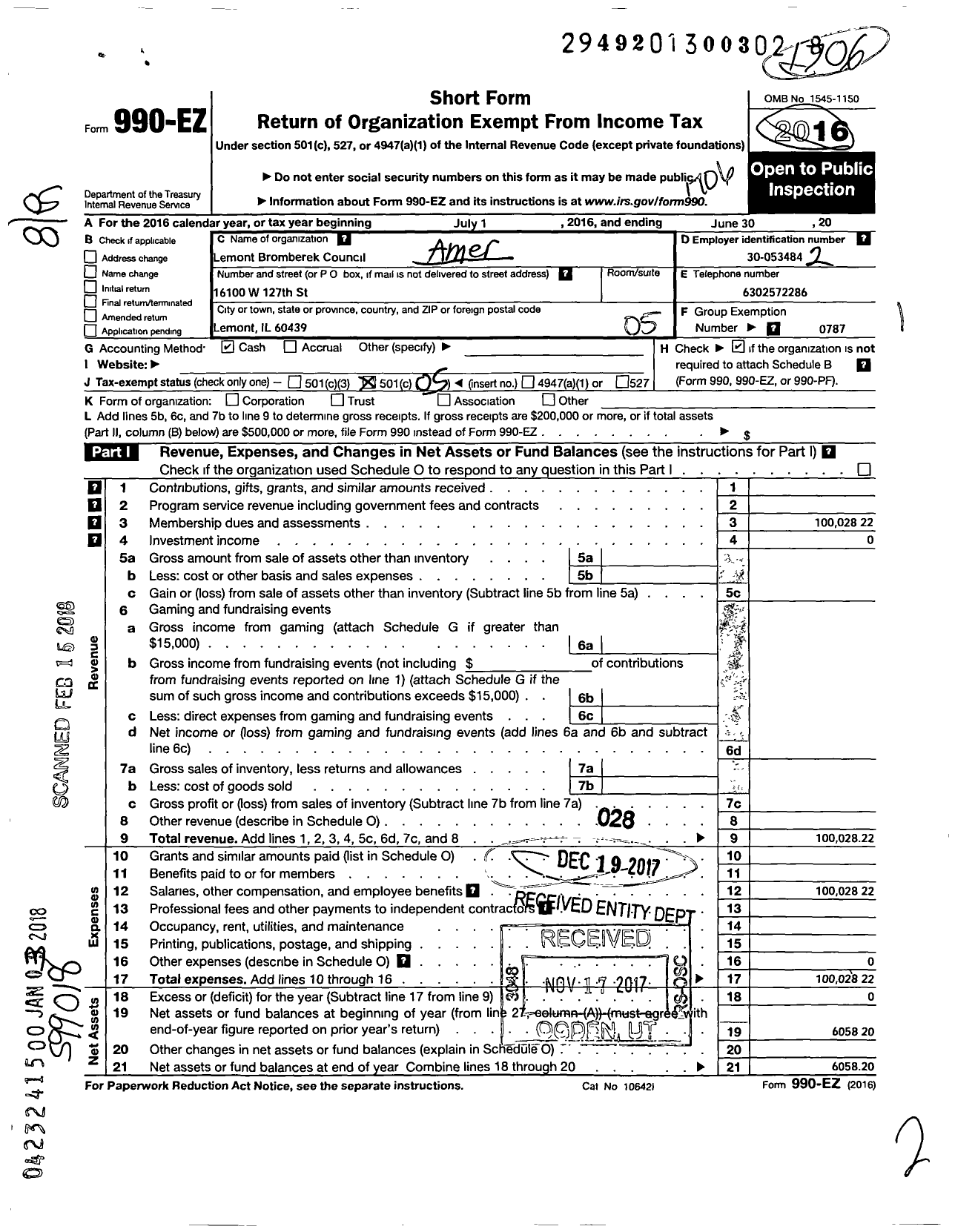 Image of first page of 2016 Form 990EO for American Federation of Teachers - Lemont-Bromerek Council