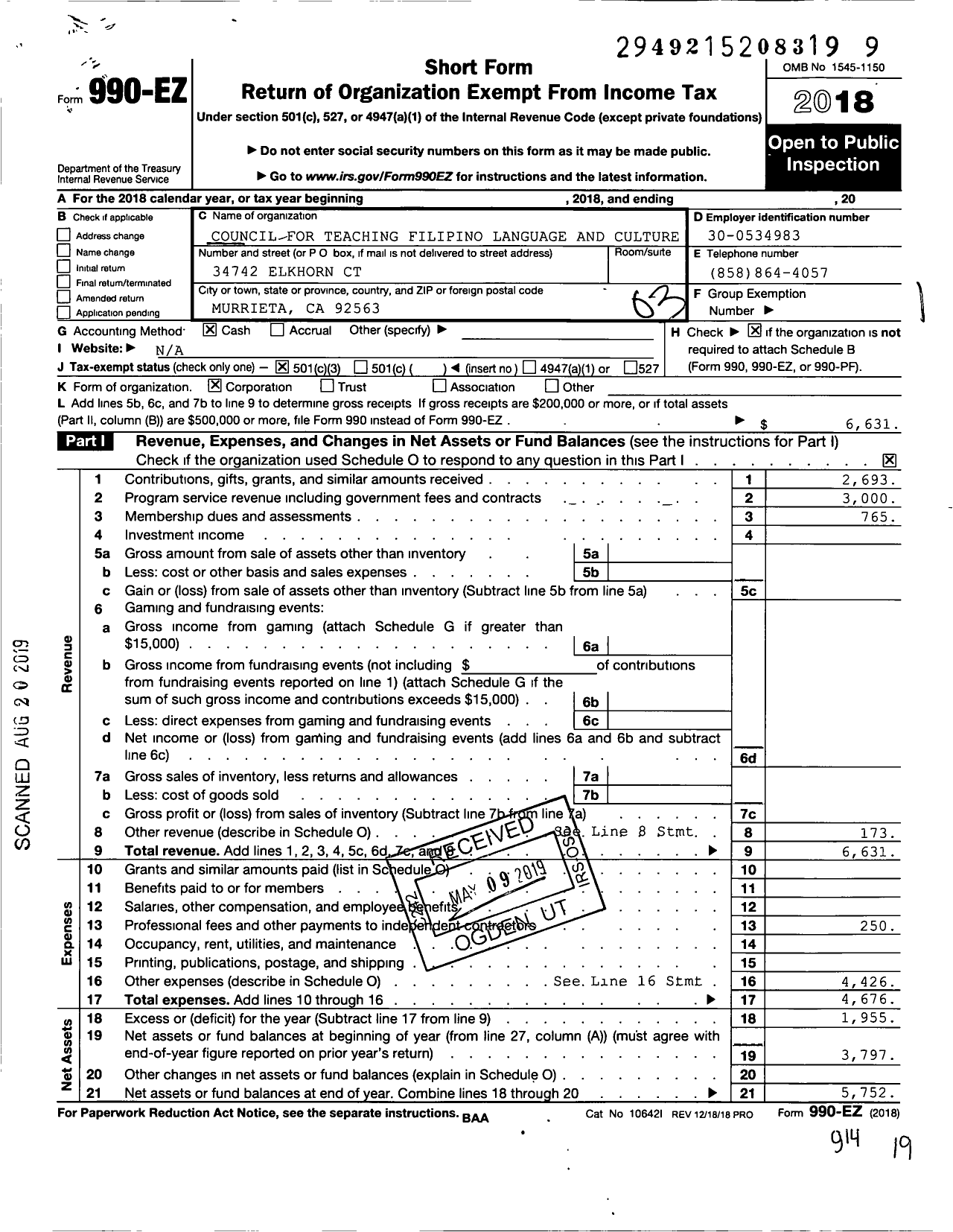 Image of first page of 2018 Form 990EZ for Council for Teaching Filipino Language and Culture