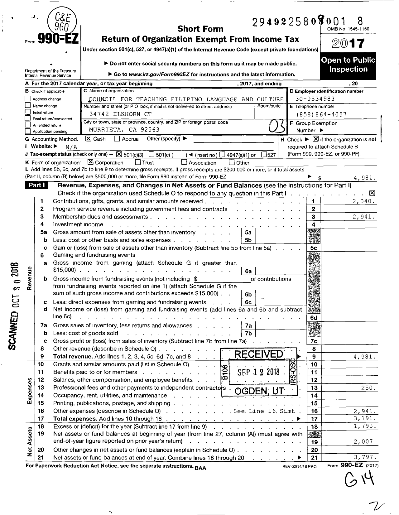 Image of first page of 2017 Form 990EZ for Council for Teaching Filipino Language and Culture