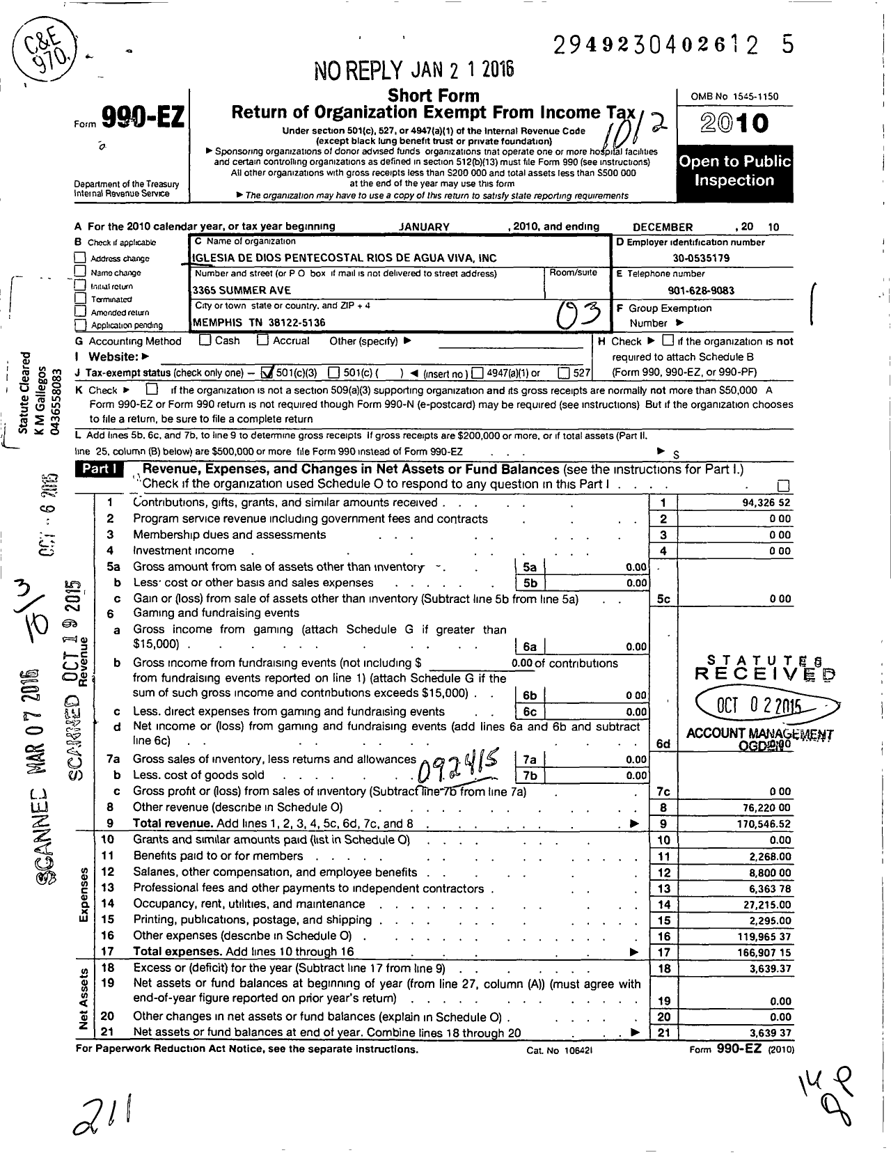 Image of first page of 2010 Form 990EZ for Iglesia de Dios Pentecostal Rios de Agua Viva