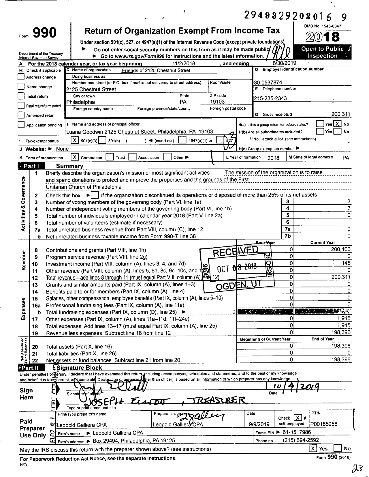 Image of first page of 2018 Form 990 for Friends of 2125 Chestnut Street