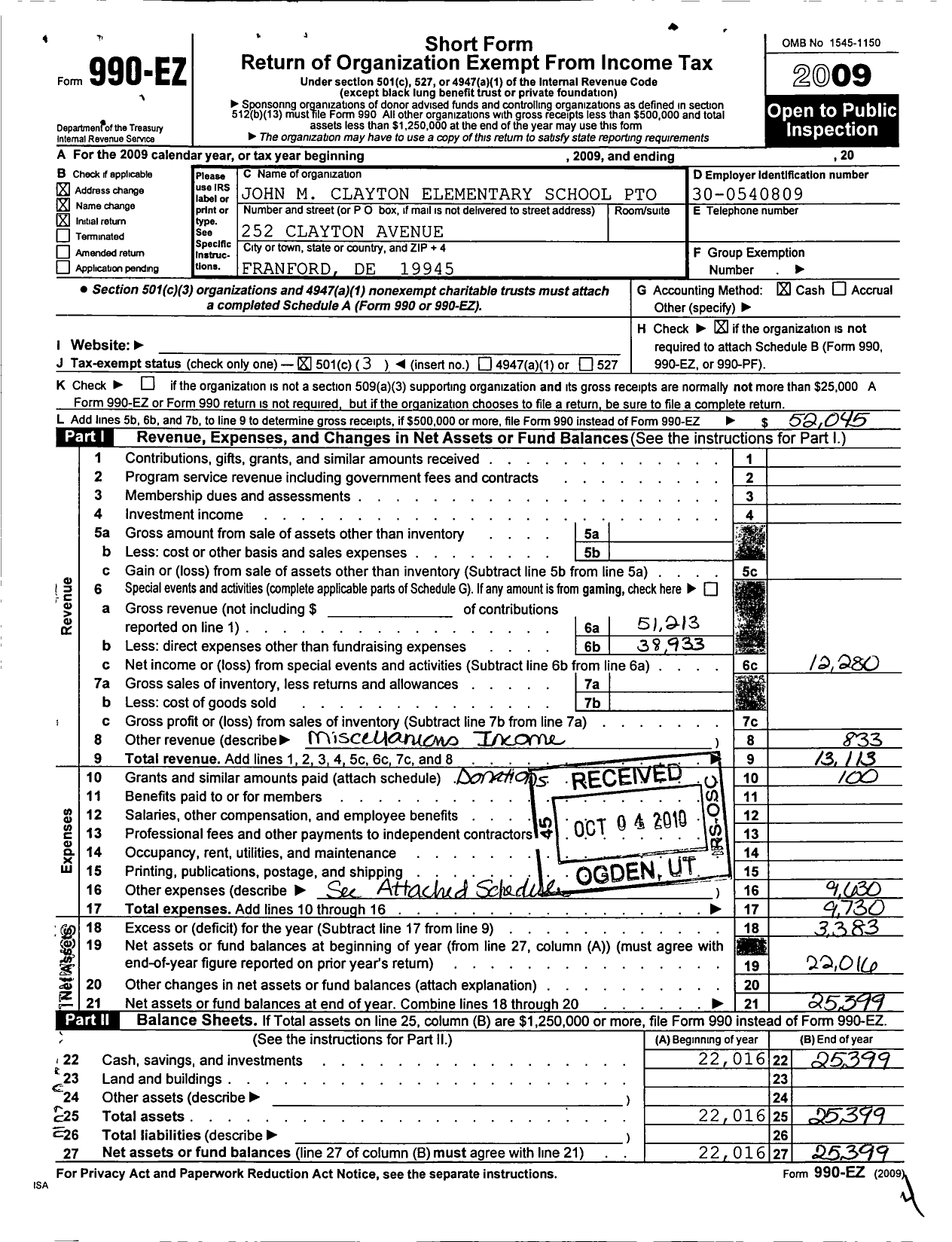 Image of first page of 2009 Form 990EZ for John M Clayton Elementary School Pto