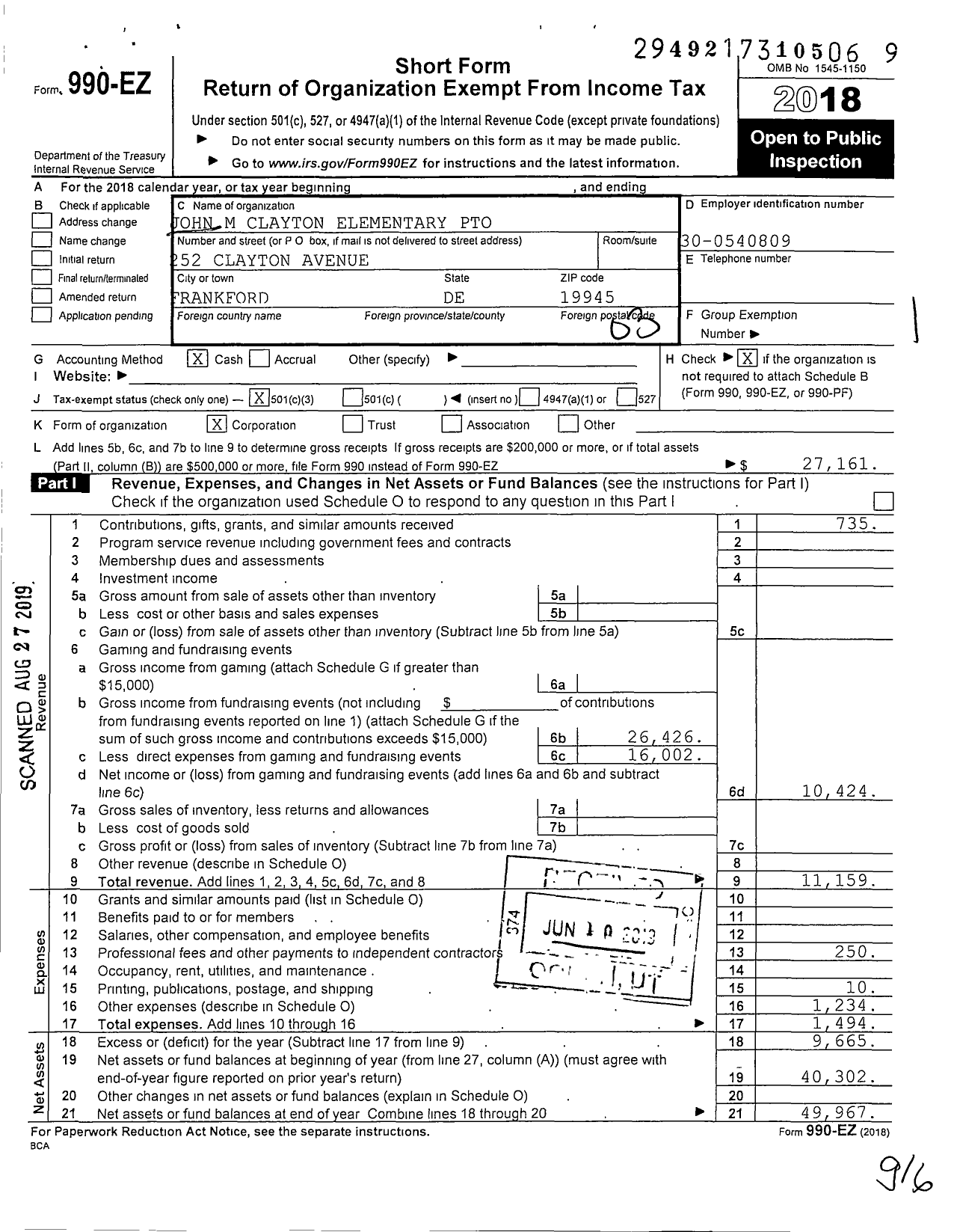 Image of first page of 2018 Form 990EZ for John M Clayton Elementary School Pto