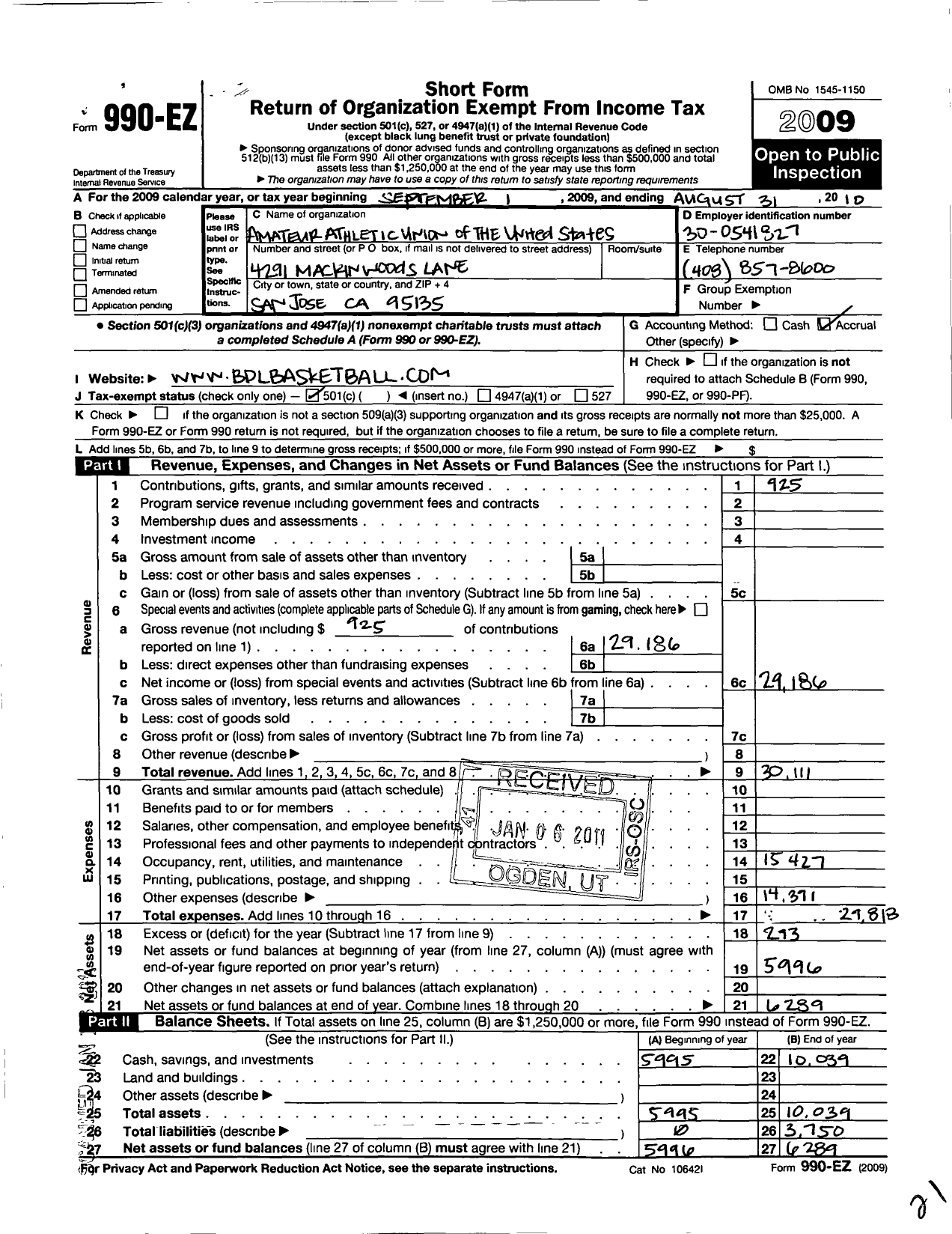 Image of first page of 2009 Form 990EO for Amateur Athletic Union - Basketball Development League of SJ