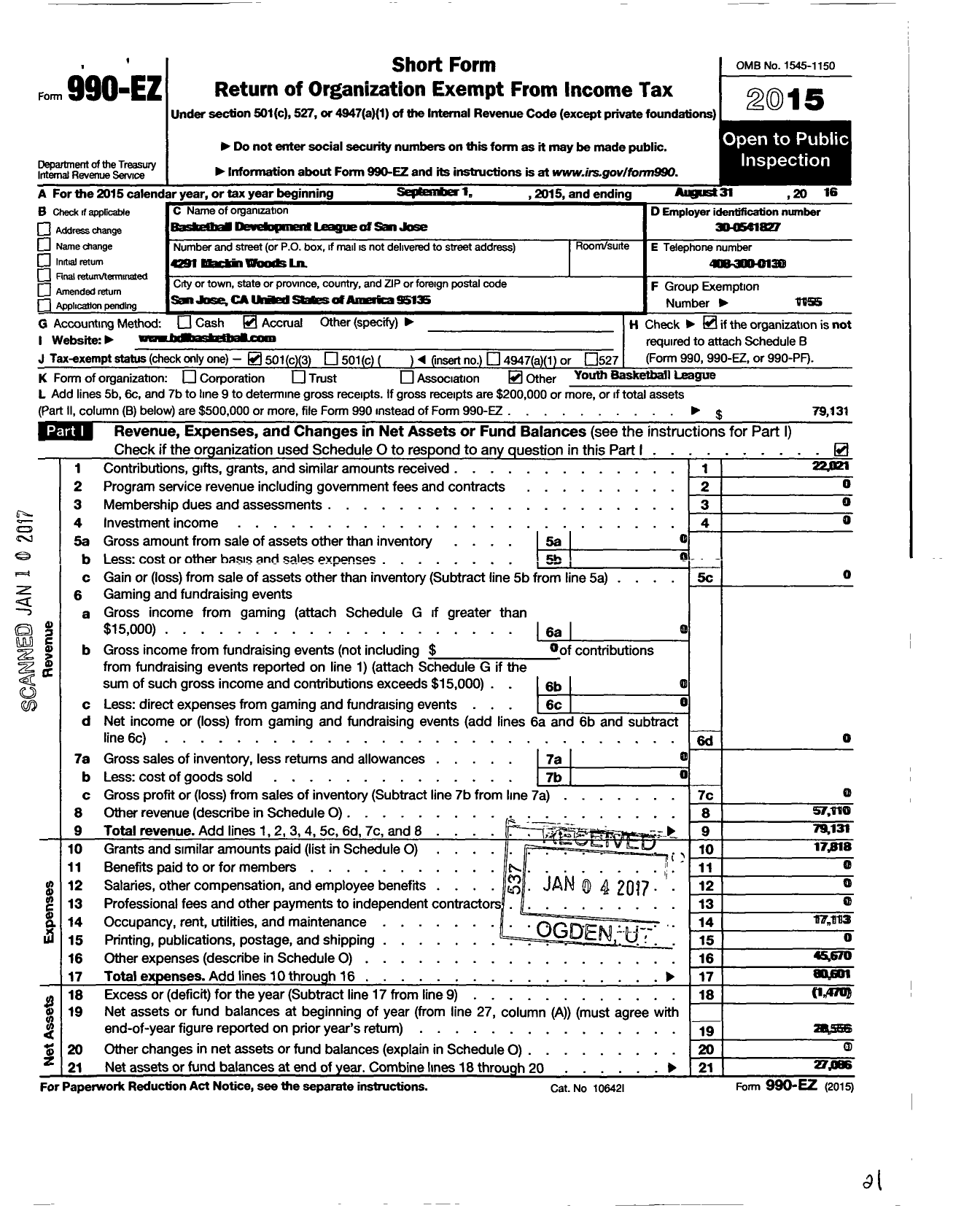 Image of first page of 2015 Form 990EZ for Amateur Athletic Union - Basketball Development League of SJ