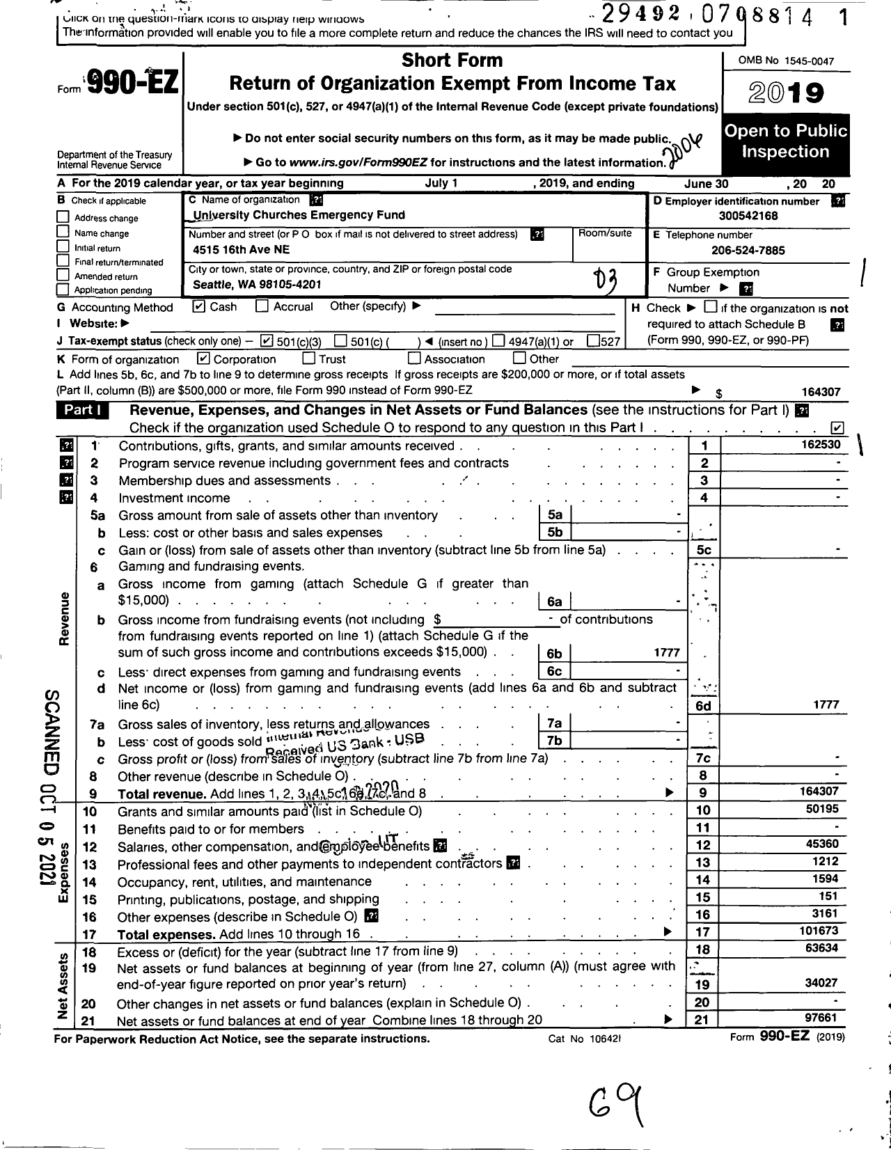 Image of first page of 2019 Form 990EZ for University Churches Emergency Fund