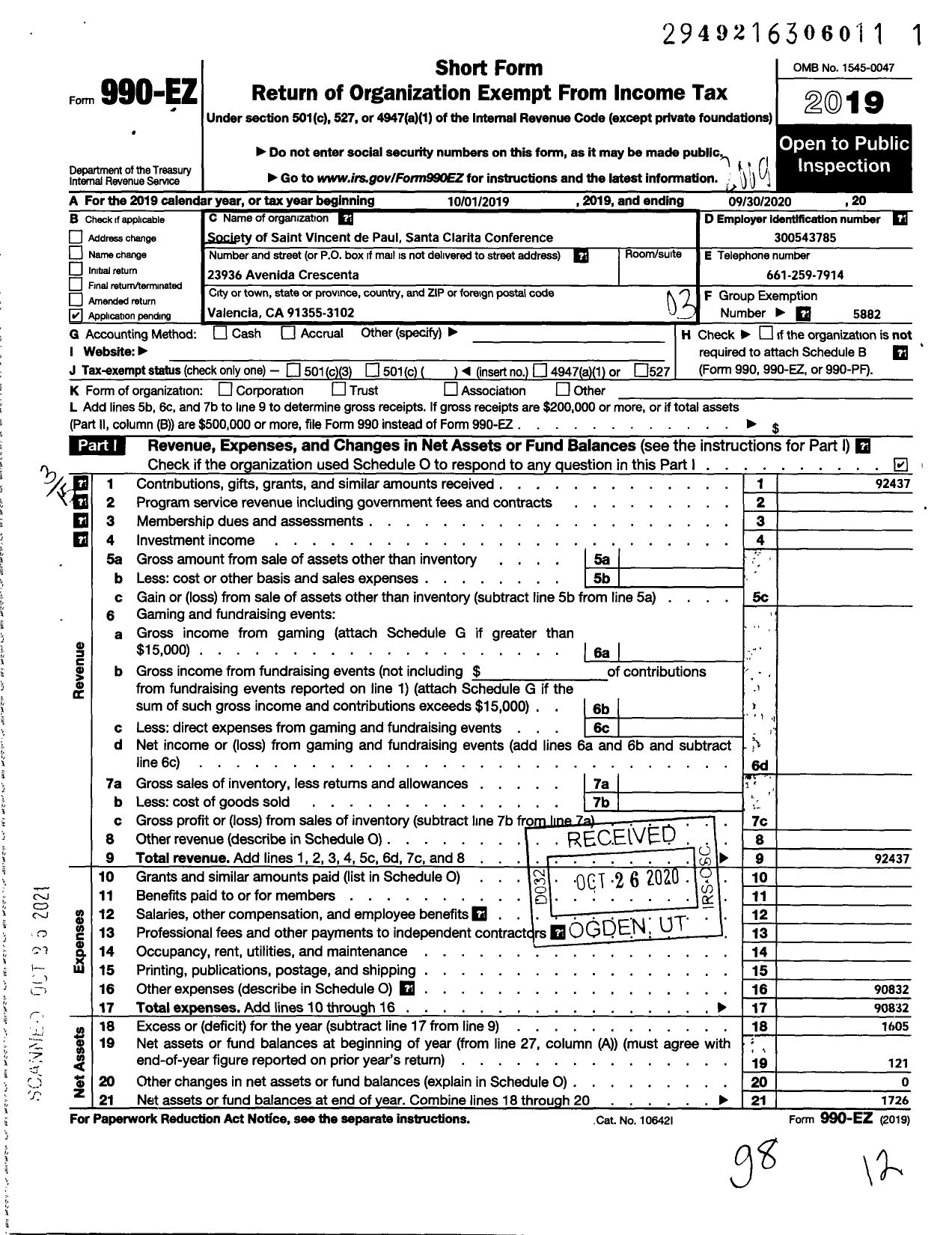 Image of first page of 2019 Form 990EZ for SOCIETY OF SAINT VINCENT DE PAUL Santa Clarita Conference