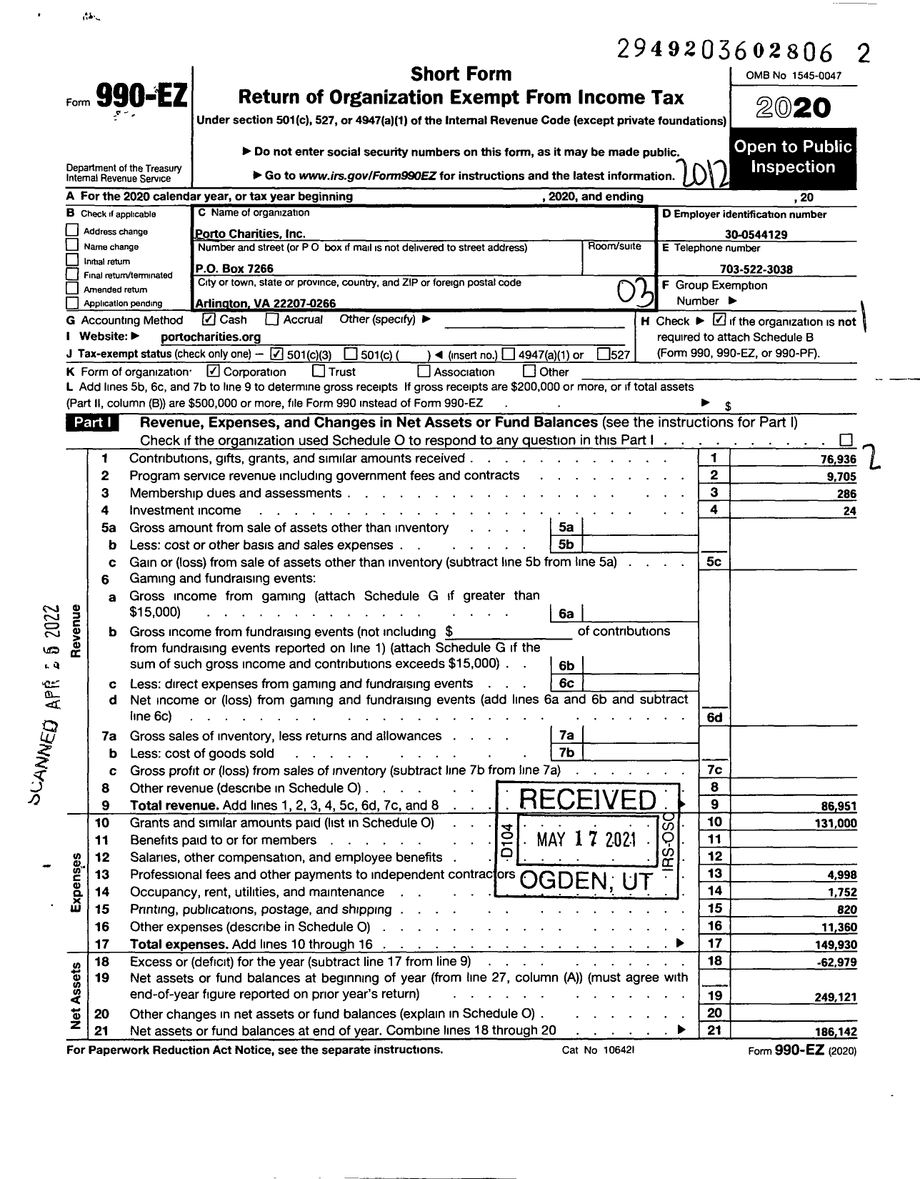 Image of first page of 2020 Form 990EZ for Porto Charities