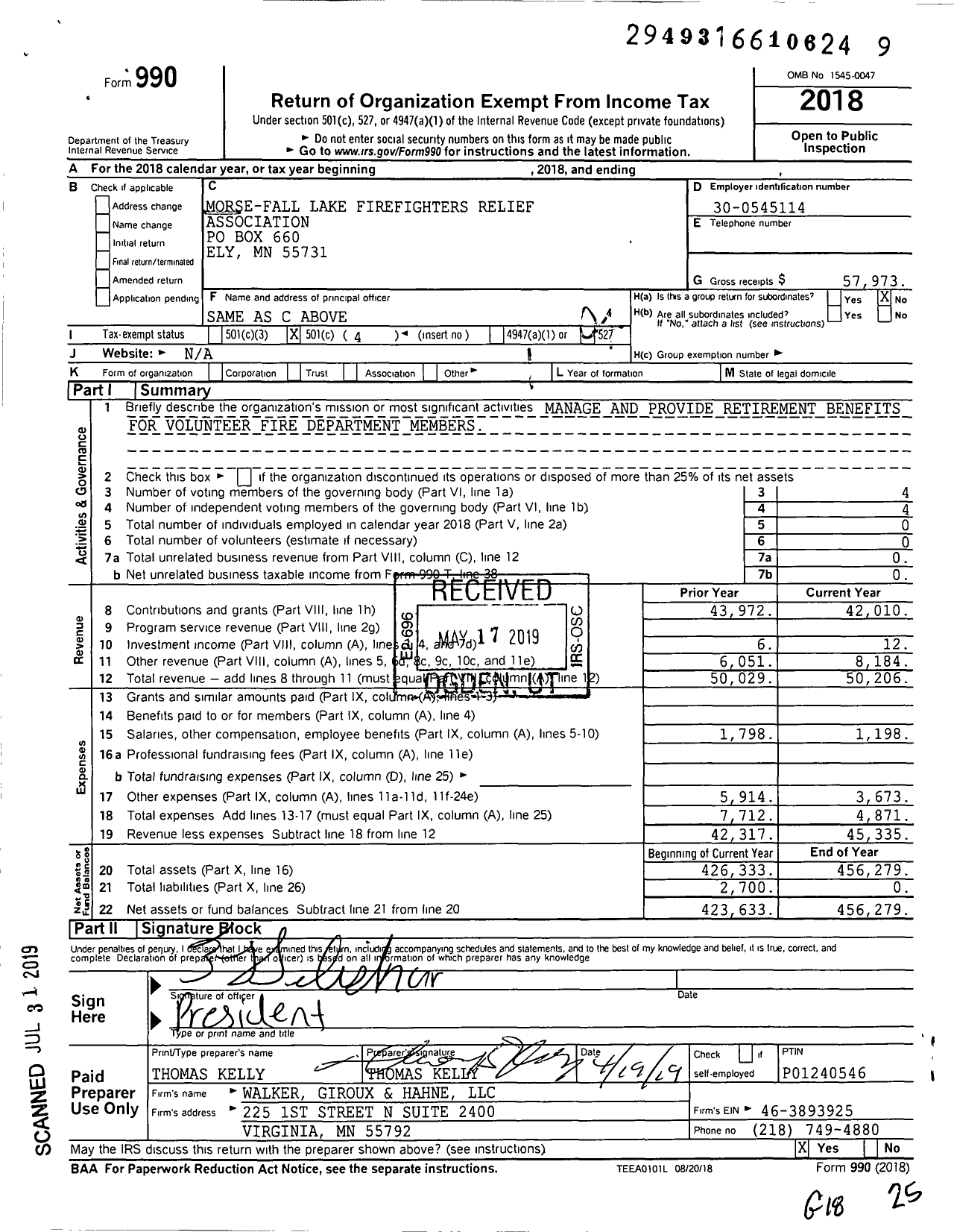 Image of first page of 2018 Form 990O for Morse-Fall Lake Firefighters Relief Association