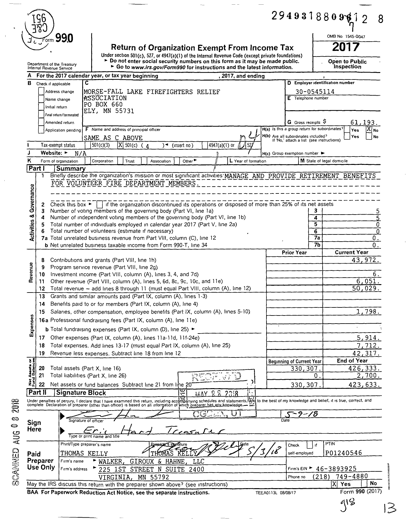 Image of first page of 2017 Form 990O for Morse-Fall Lake Firefighters Relief Association