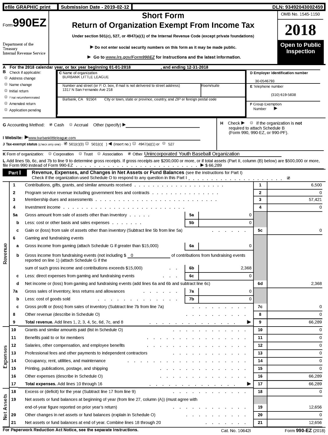 Image of first page of 2018 Form 990EZ for Burbank Little League