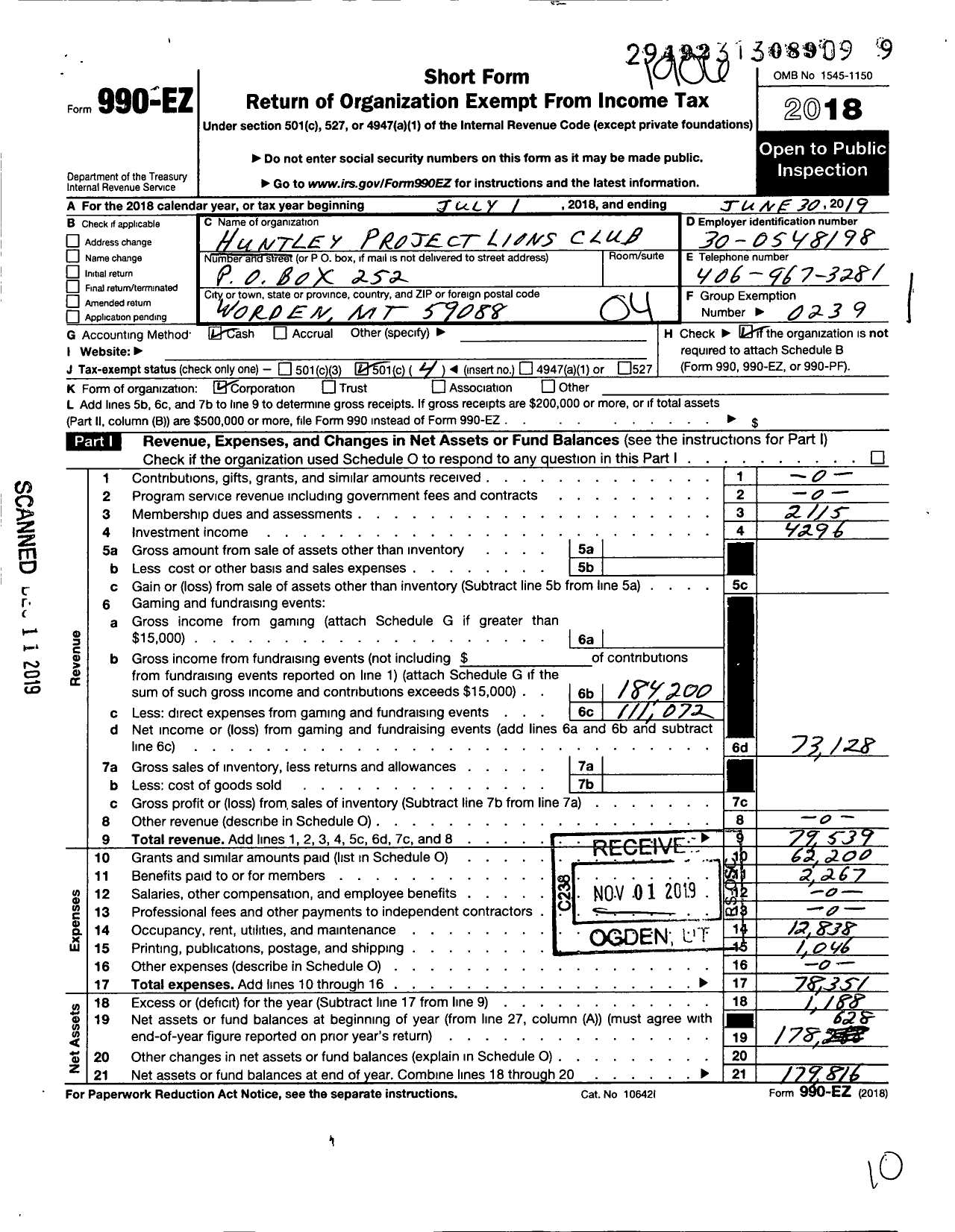 Image of first page of 2018 Form 990EO for Lions Clubs - Huntley Project Lions Club