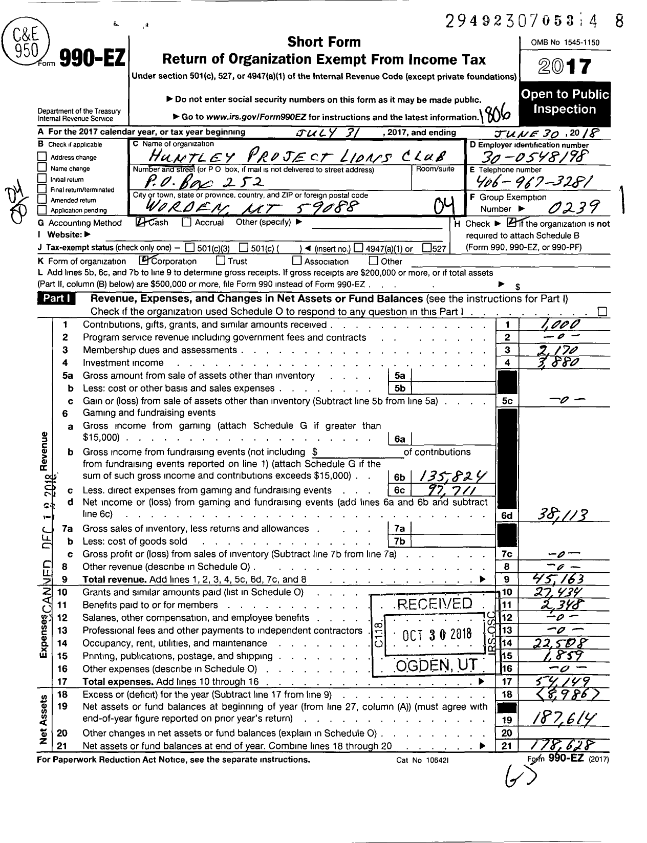 Image of first page of 2017 Form 990EO for Lions Clubs - Huntley Project Lions Club