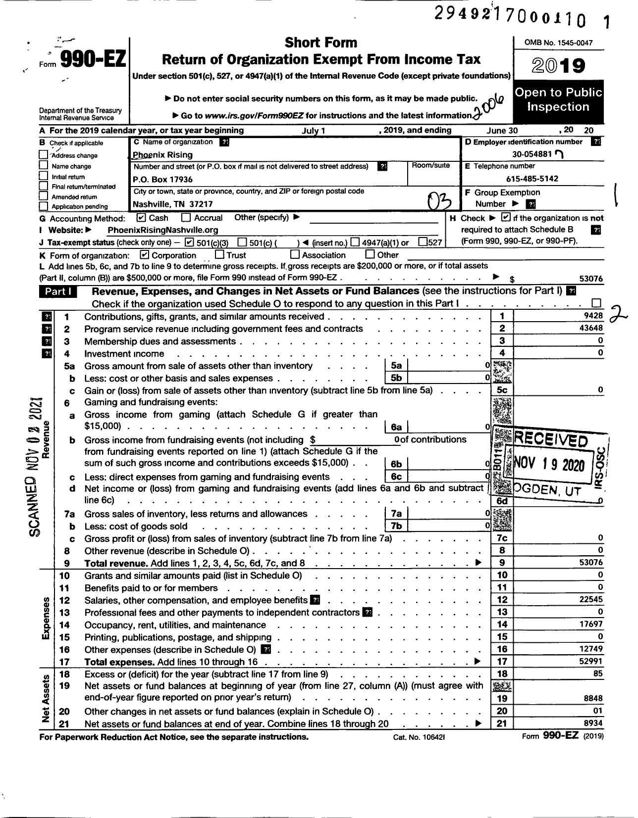 Image of first page of 2019 Form 990EZ for Phoenix Rising / Michael D Stratton Sole MBR