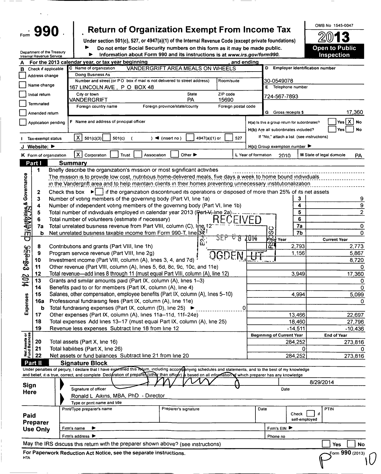 Image of first page of 2013 Form 990 for Vandergrift Area Meals on Wheels