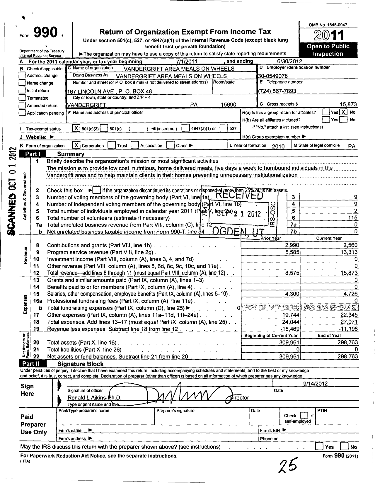 Image of first page of 2011 Form 990 for Vandergrift Area Meals on Wheels