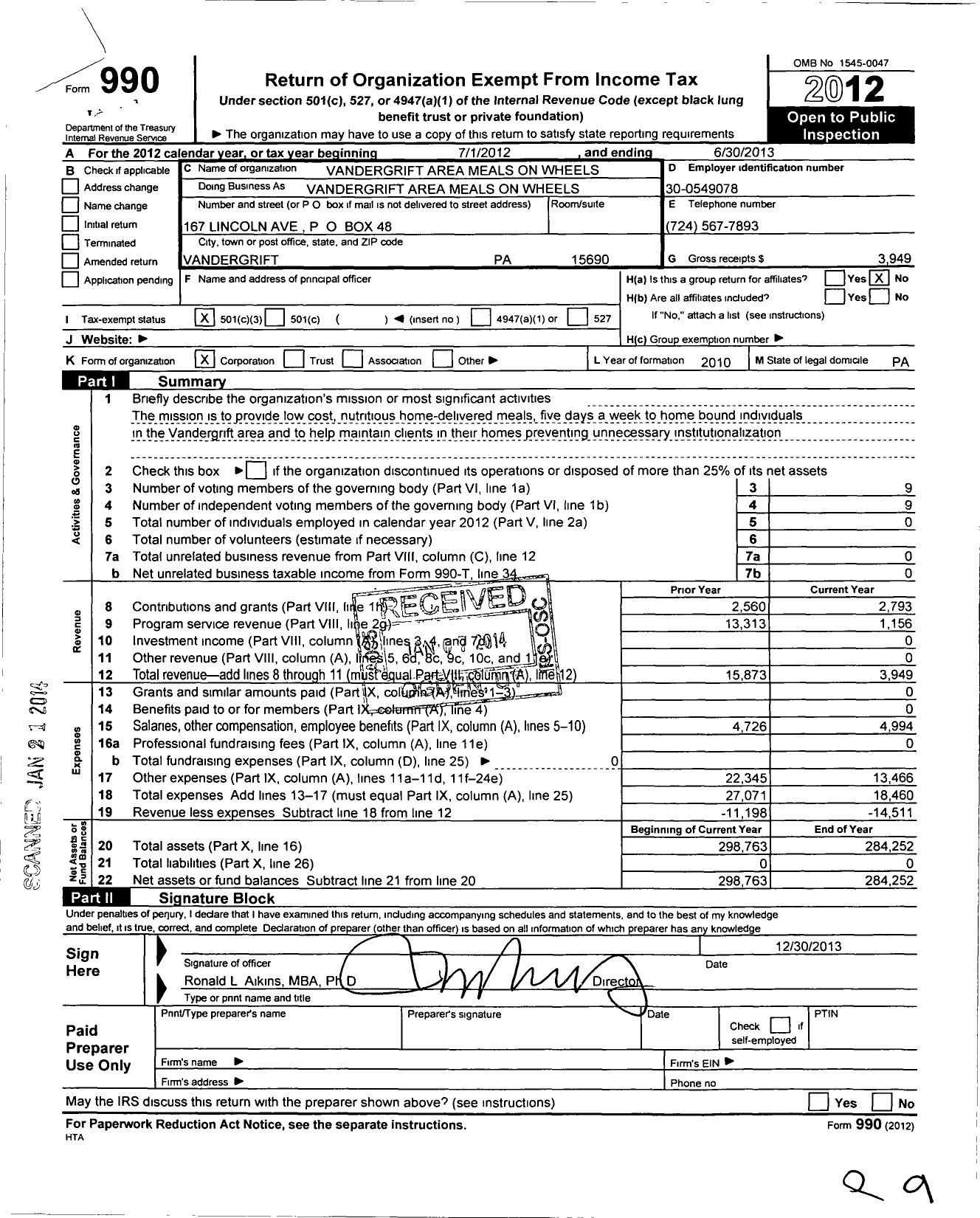 Image of first page of 2012 Form 990 for Vandergrift Area Meals on Wheels