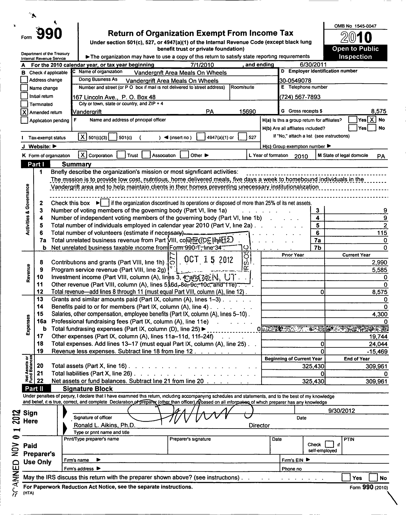 Image of first page of 2010 Form 990 for Vandergrift Area Meals on Wheels