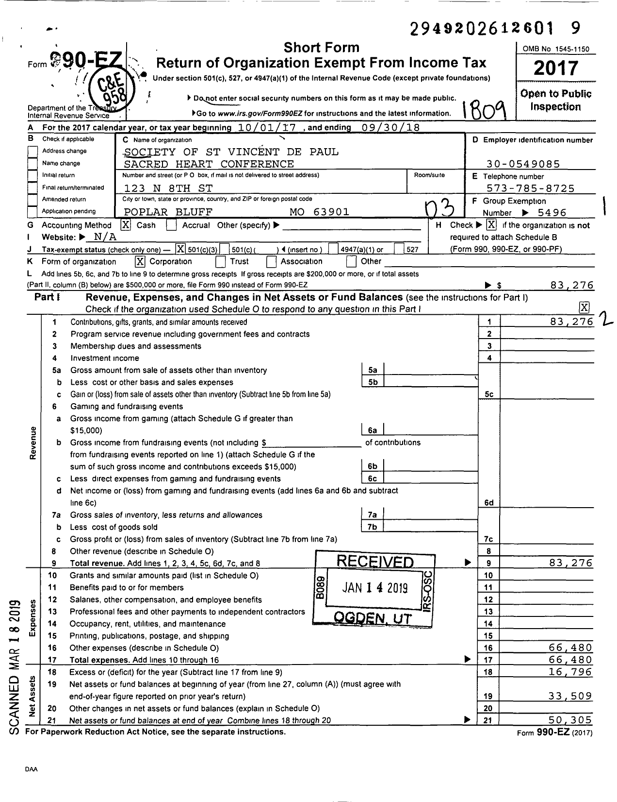 Image of first page of 2017 Form 990EZ for Society of St Vincent de Paul Sacred Heart Conference