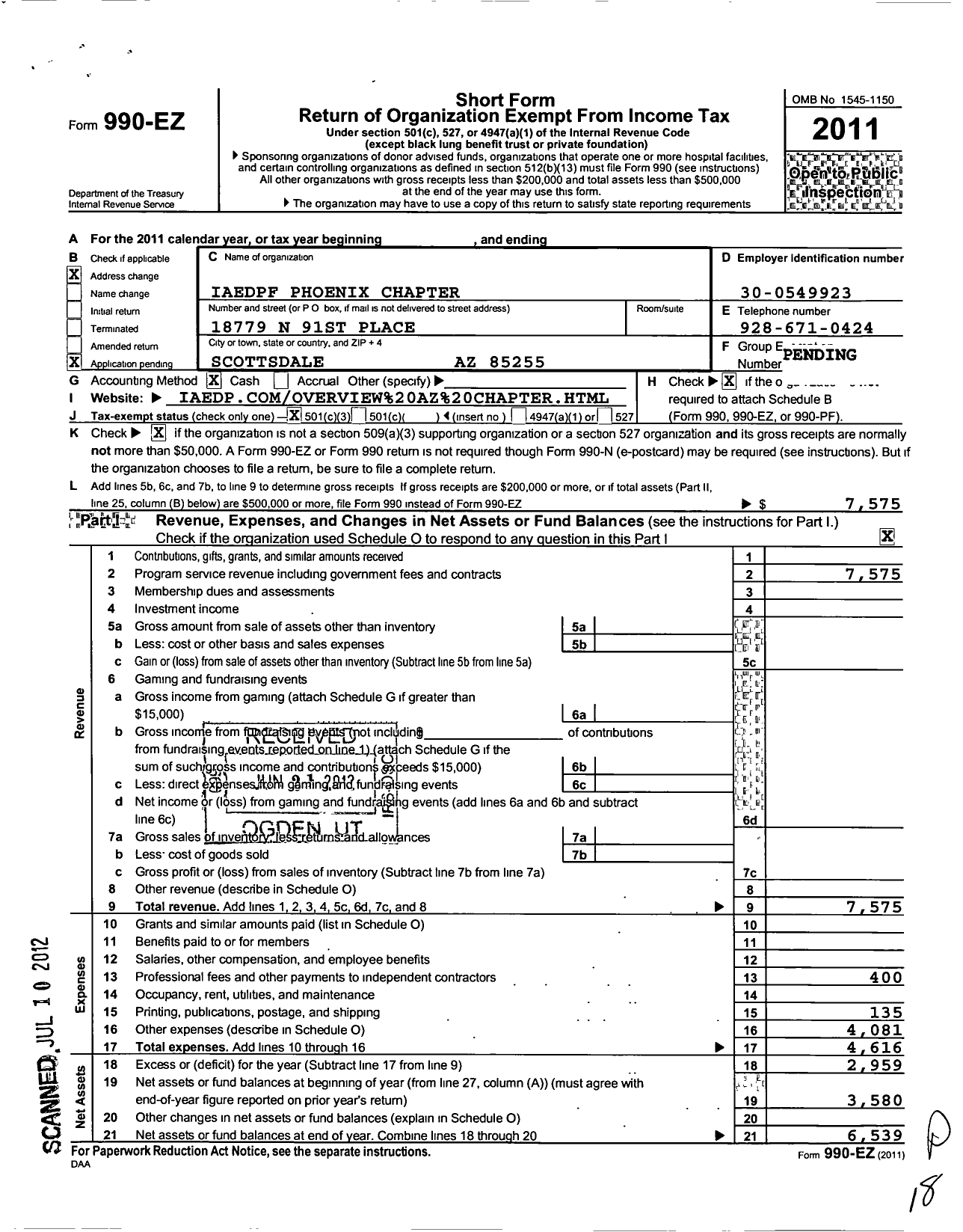 Image of first page of 2011 Form 990EZ for International Association of Eating Disorders Professionals Foundation / Phoenix Chapter