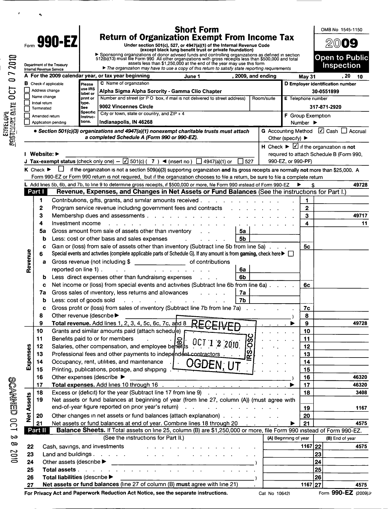 Image of first page of 2009 Form 990EO for ALPHA SIGMA ALPHA SORORITY Gamma Clio Chapter