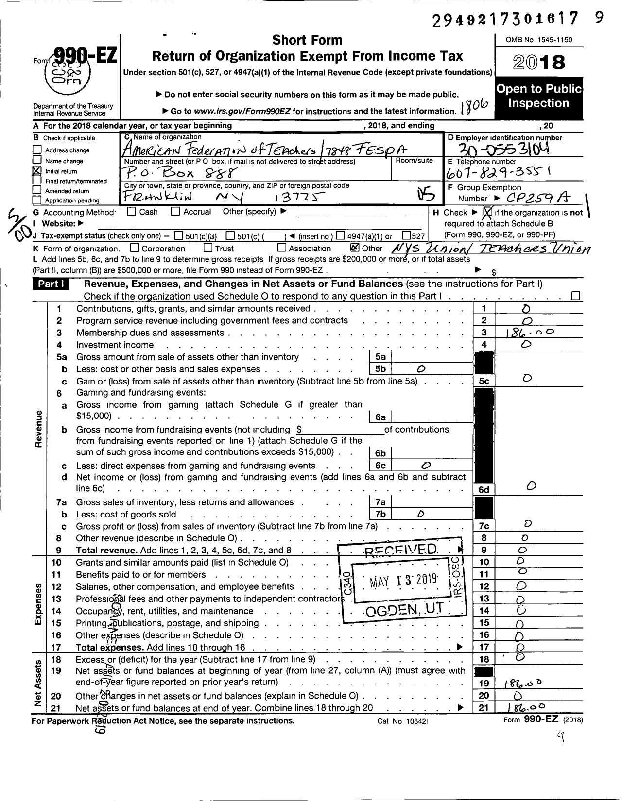 Image of first page of 2017 Form 990EO for American Federation of Teachers - 7848 Franklin Educ Sup Pers Assoc