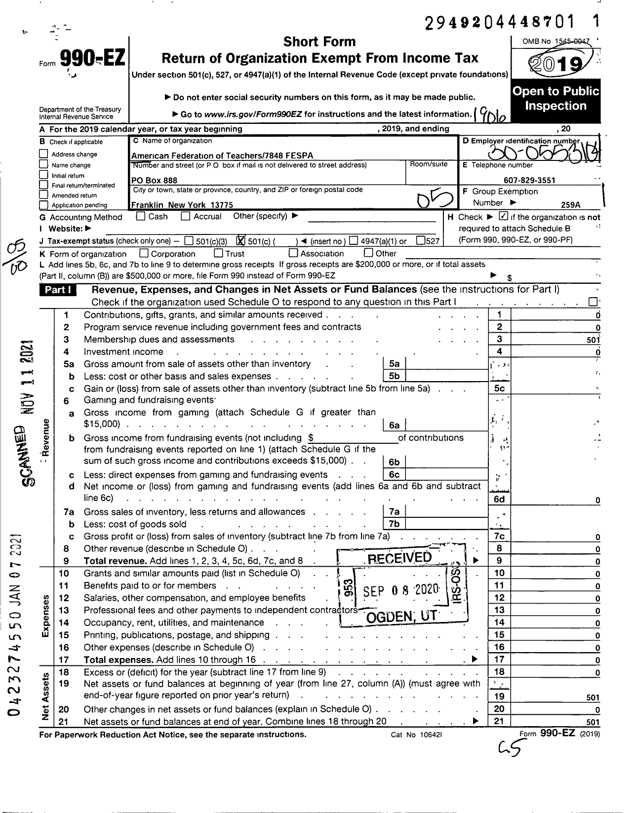 Image of first page of 2018 Form 990EO for American Federation of Teachers - 7848 Franklin Educ Sup Pers Assoc