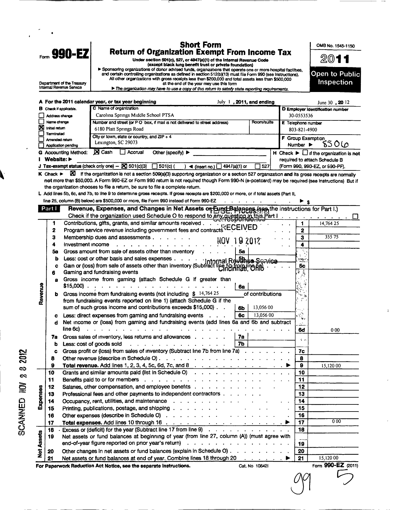 Image of first page of 2011 Form 990EZ for South Carolina Congress of Parents and Teachers / Carolina Springs Middle School Ptsa