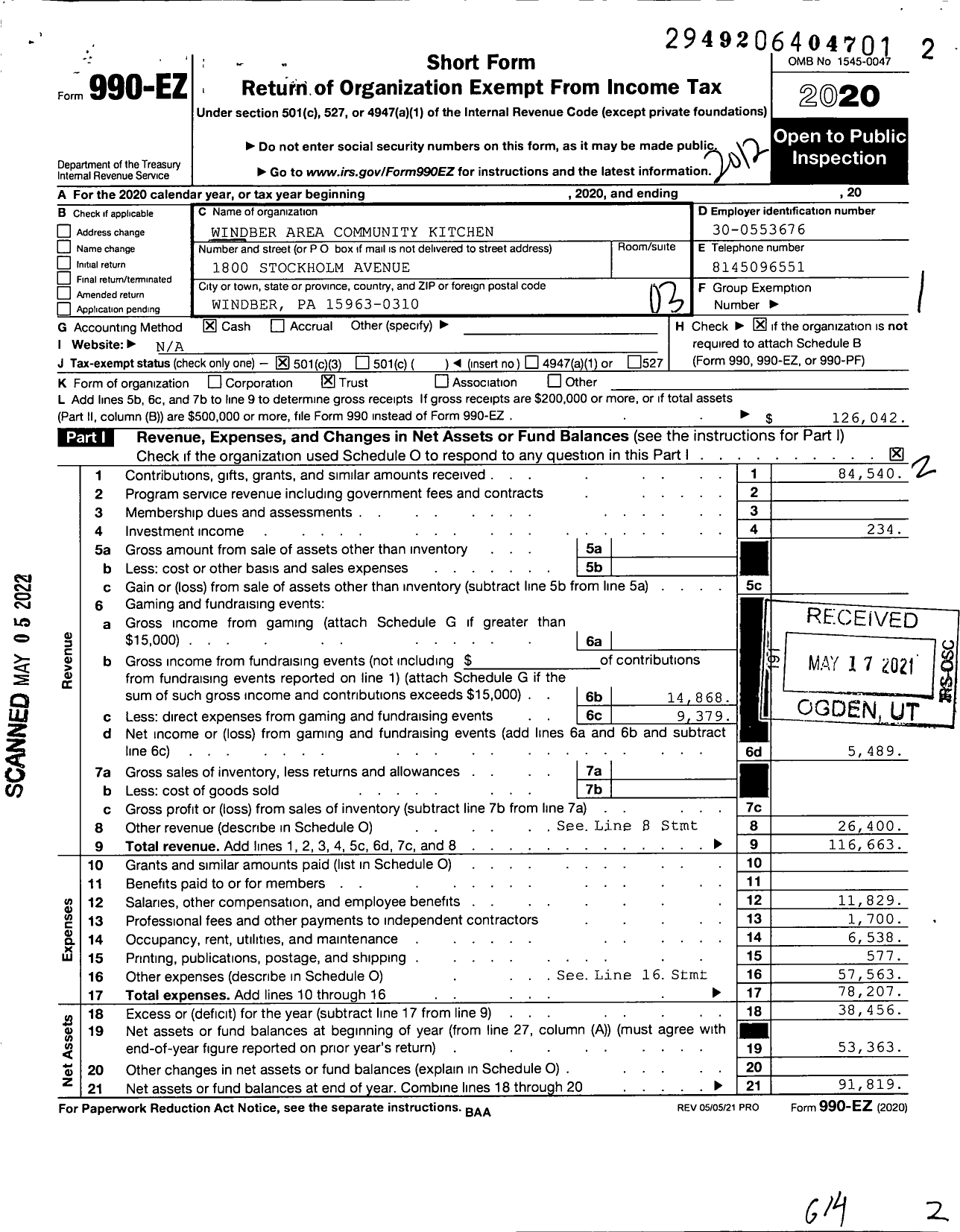 Image of first page of 2020 Form 990EZ for Windber Area Community Kitchen