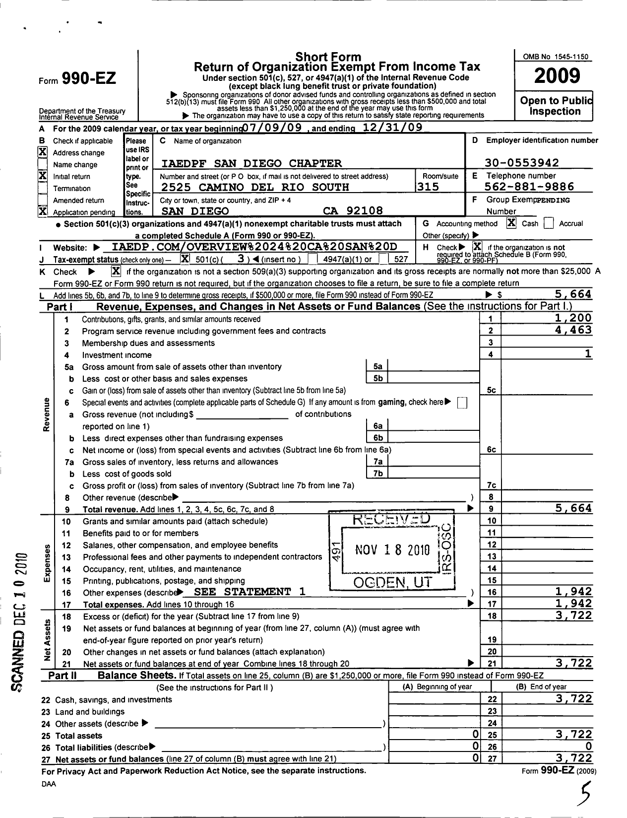 Image of first page of 2009 Form 990EZ for International Association of Eating Disorders Professionals Foundation / San Diego Chapter