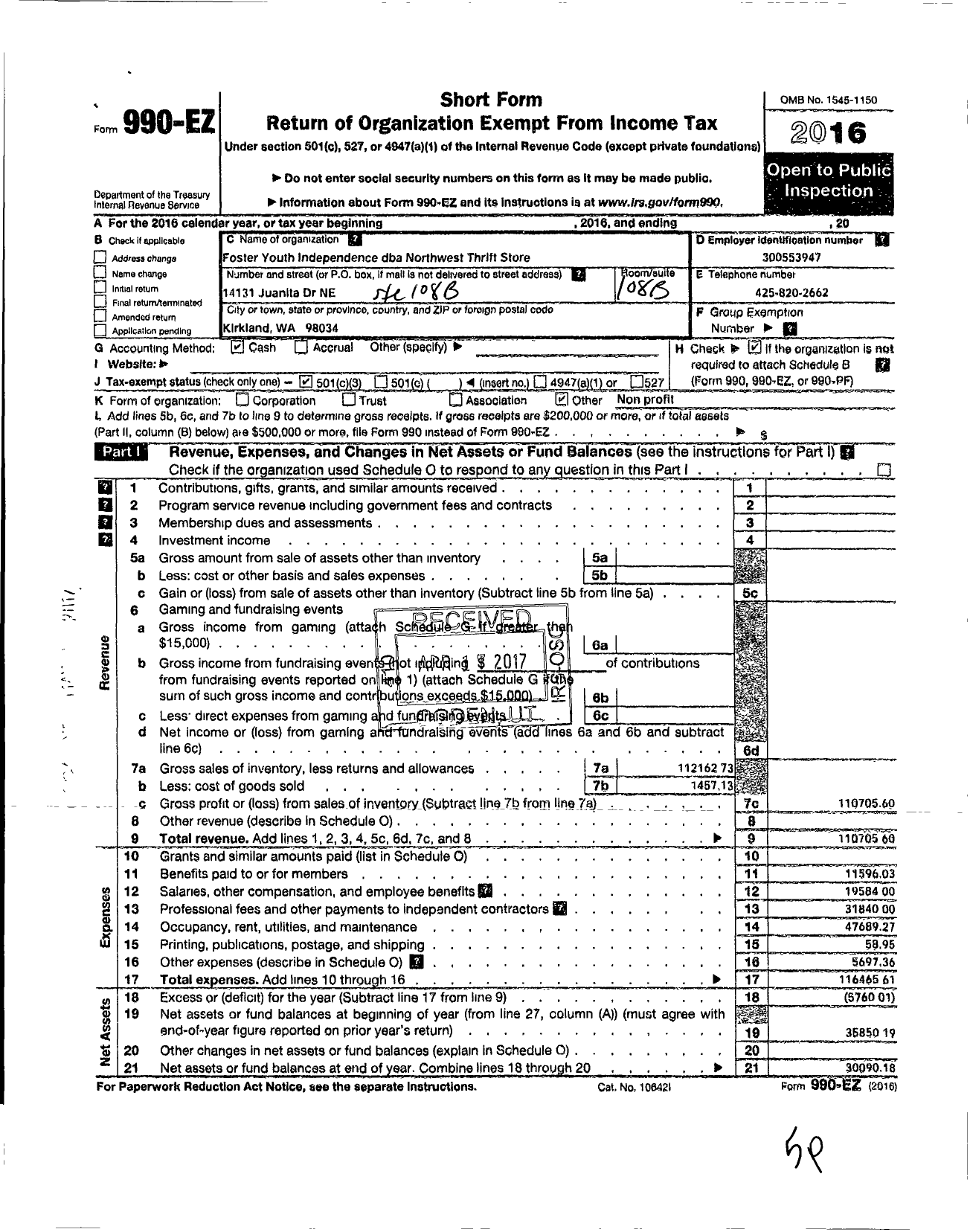 Image of first page of 2016 Form 990EZ for Foster Youth Independence / Northwest Thrift Store