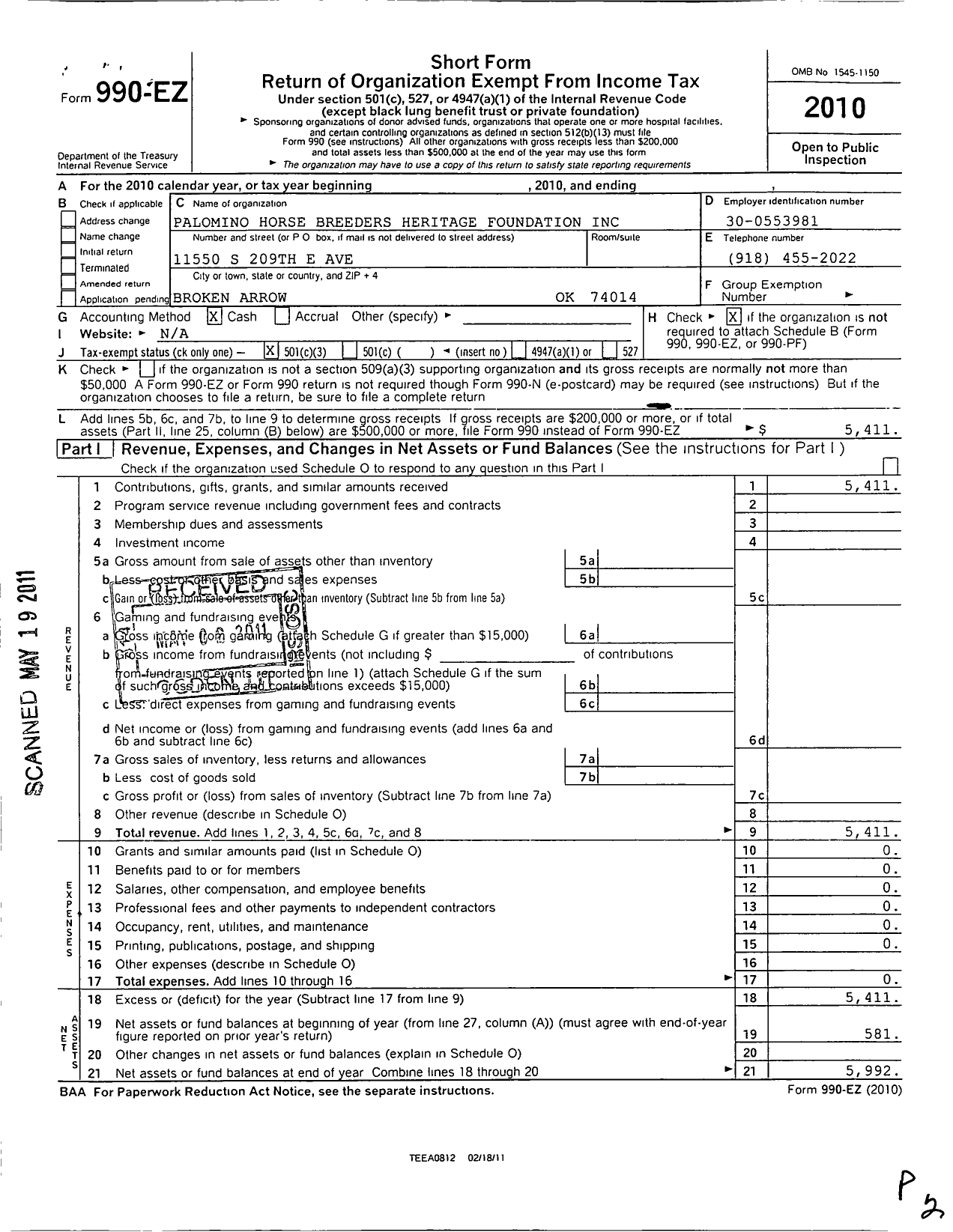 Image of first page of 2010 Form 990EZ for Palomino Horse Breeders Heritage Foundation