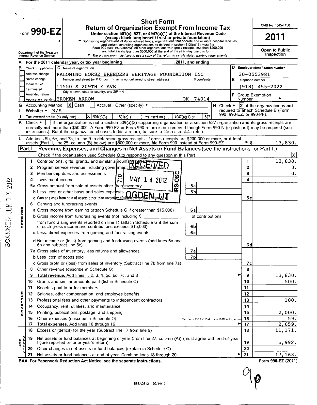 Image of first page of 2011 Form 990EZ for Palomino Horse Breeders Heritage Foundation