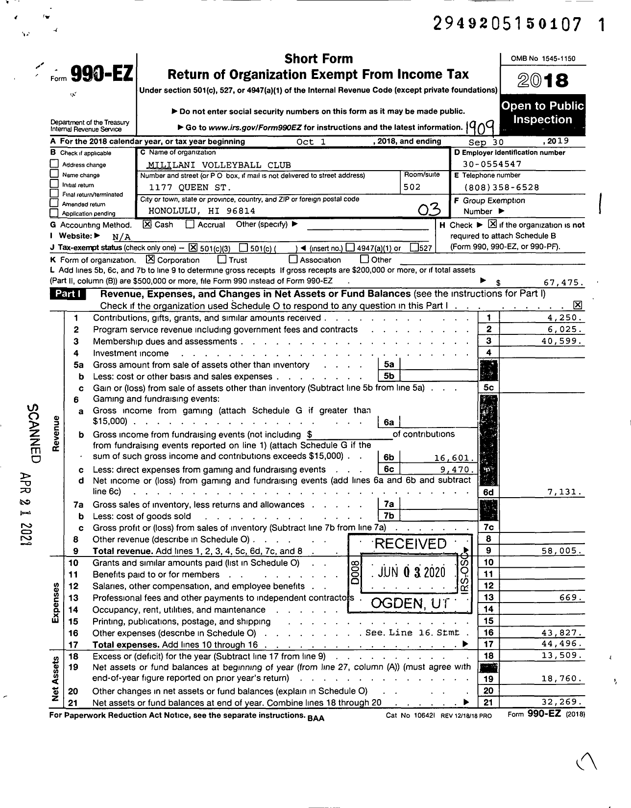 Image of first page of 2018 Form 990EZ for Mililani Volleyball Club