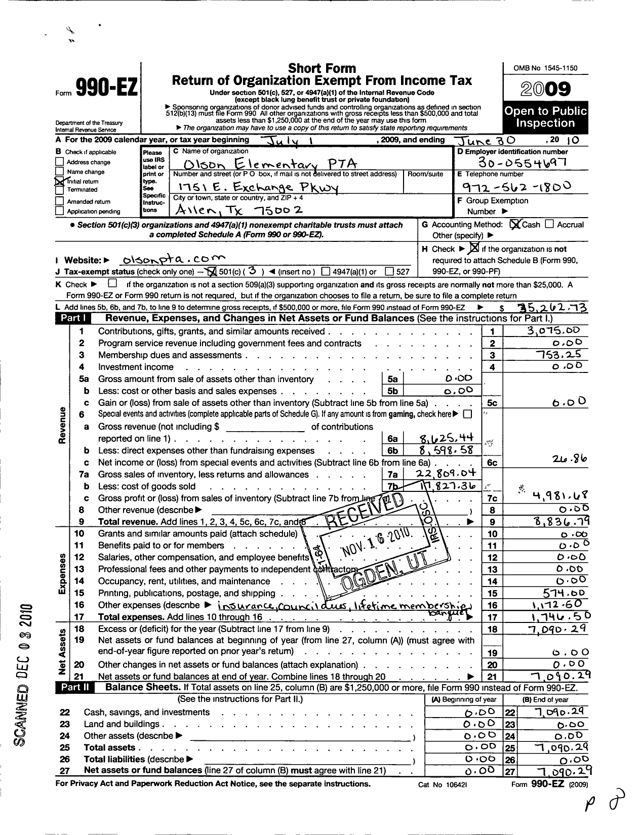 Image of first page of 2009 Form 990EZ for Texas PTA - David and Lynda Olson Elementary