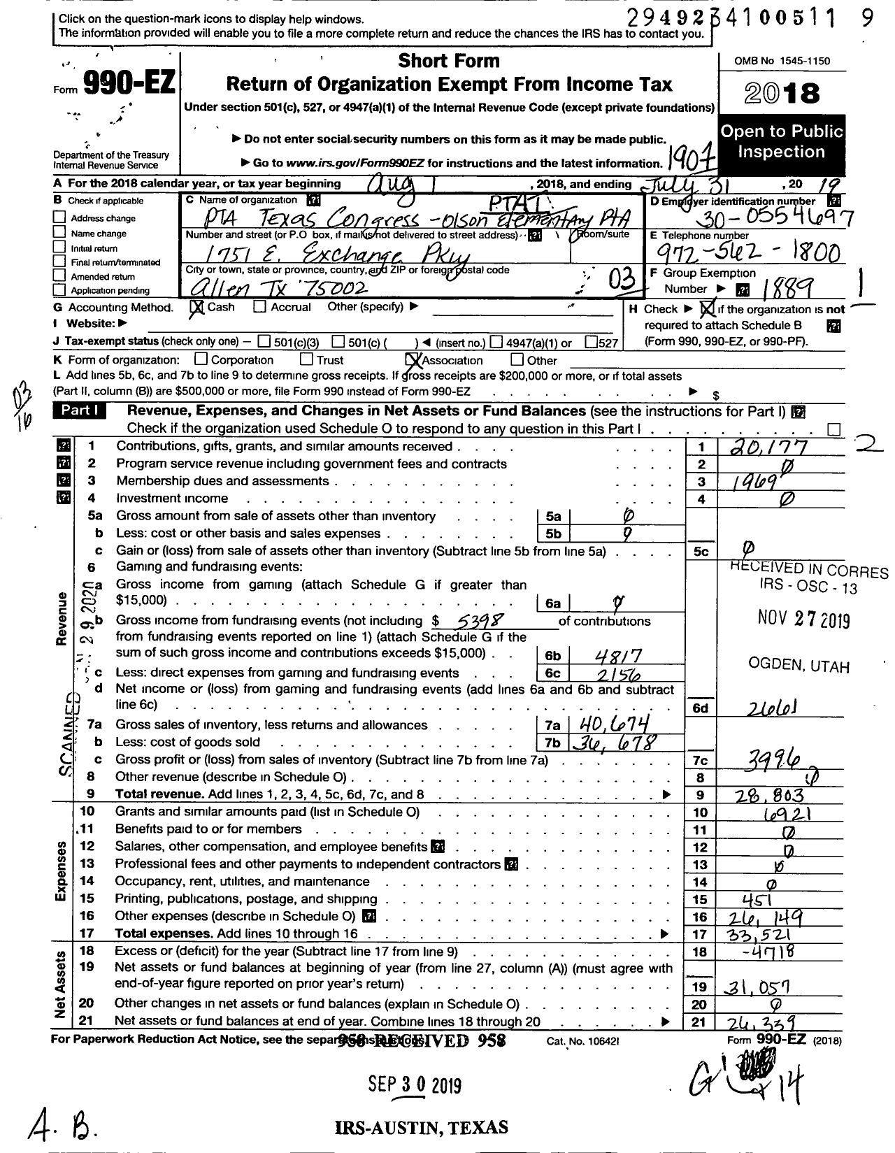 Image of first page of 2018 Form 990EZ for Texas PTA - David and Lynda Olson Elementary