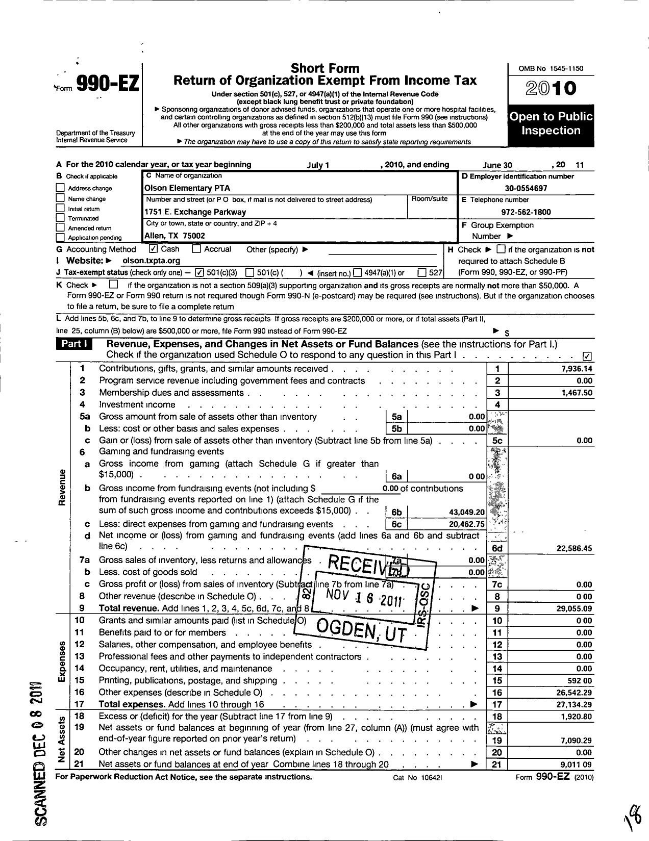 Image of first page of 2010 Form 990EZ for Texas PTA - David and Lynda Olson Elementary