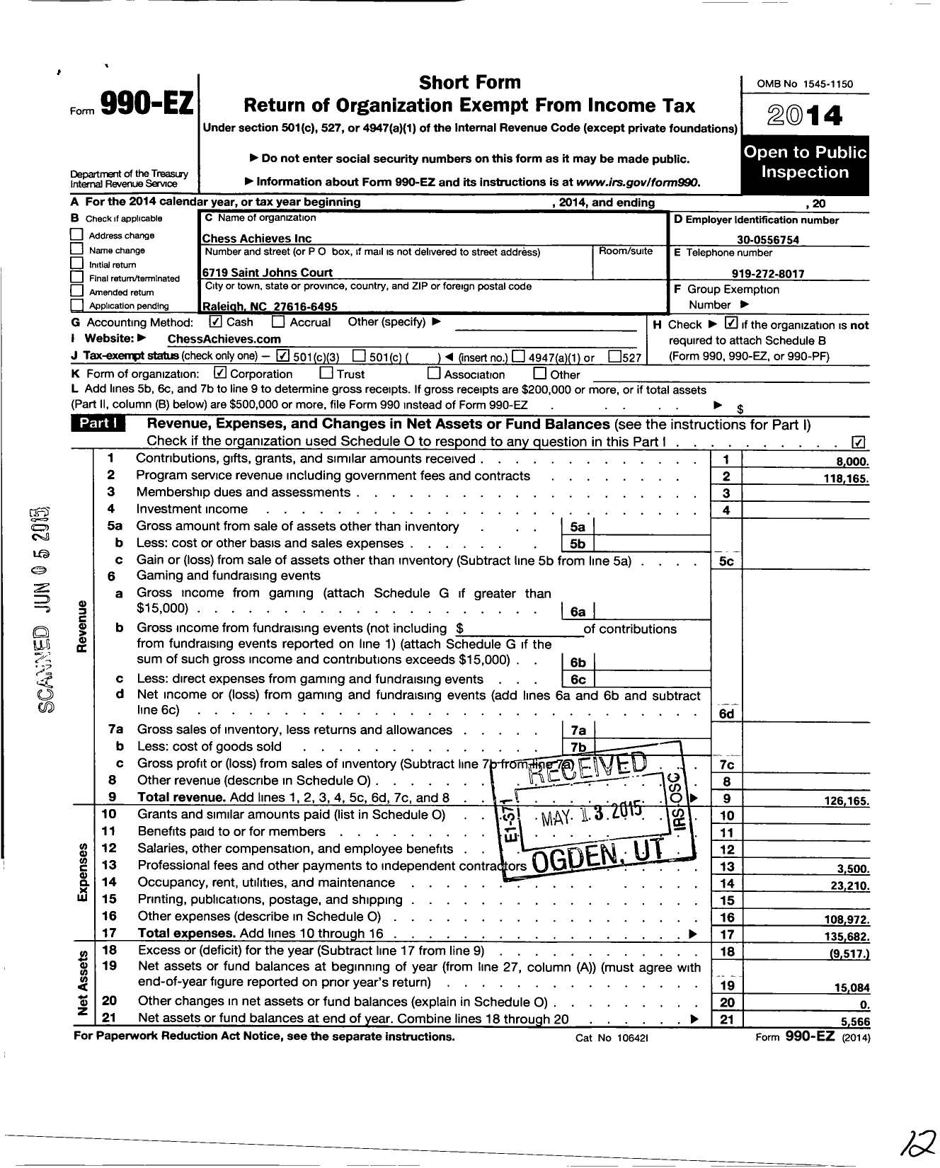 Image of first page of 2014 Form 990EZ for Chess Achieves